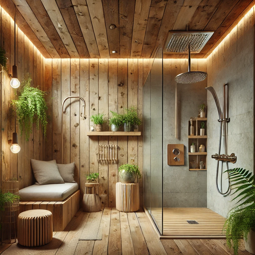 A sustainable and eco-friendly bathroom featuring reclaimed wood elements, a rainwater-saving shower, energy-efficient LED lighting, and low-flow fixt
