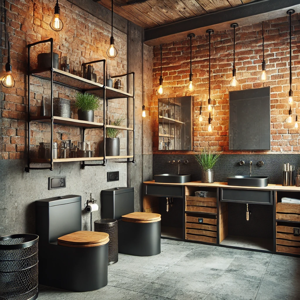An industrial chic bathroom featuring exposed brick walls, black metal fixtures, and open shelving