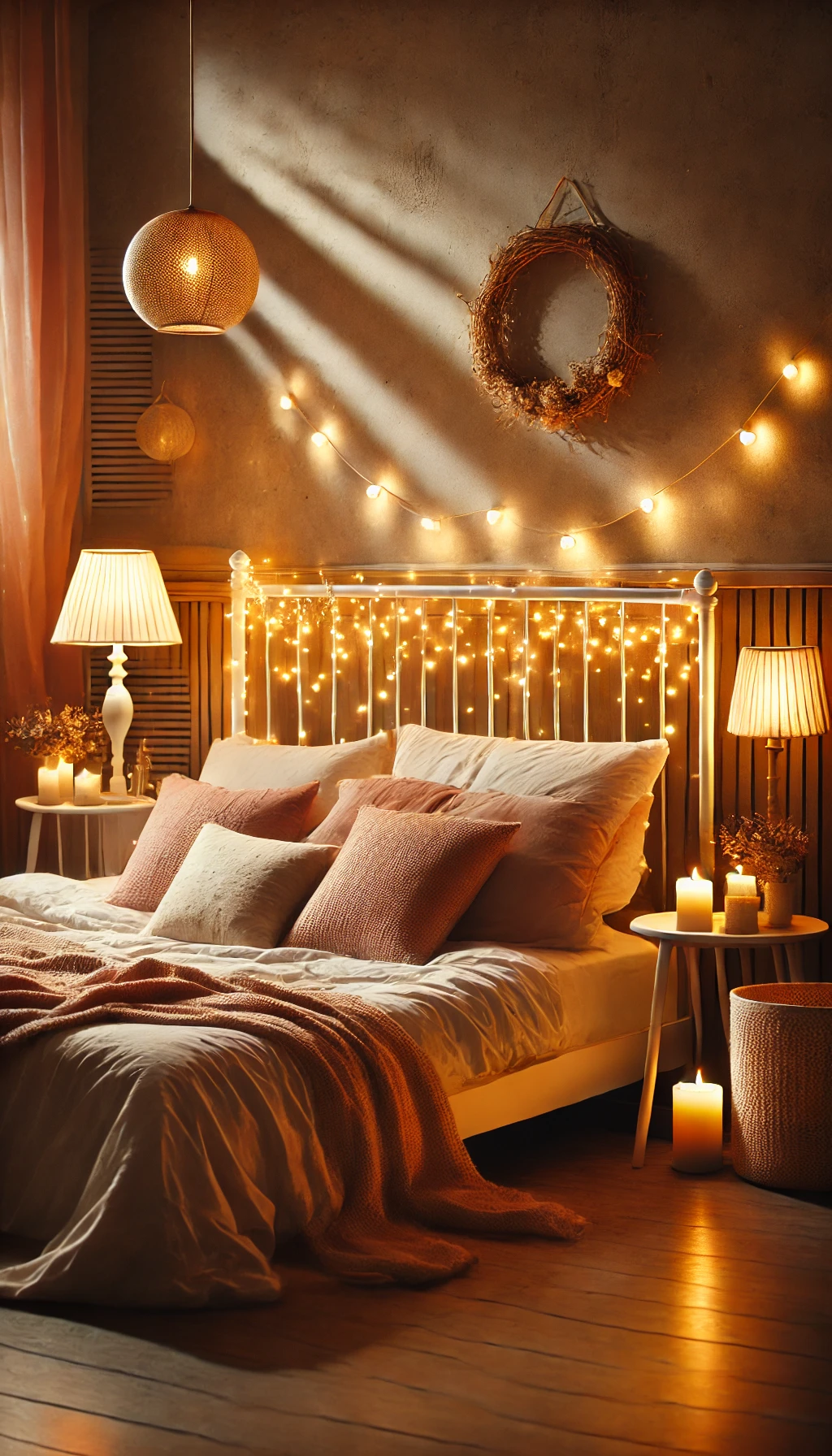 cozy bedroom with soft and warm lighting. 