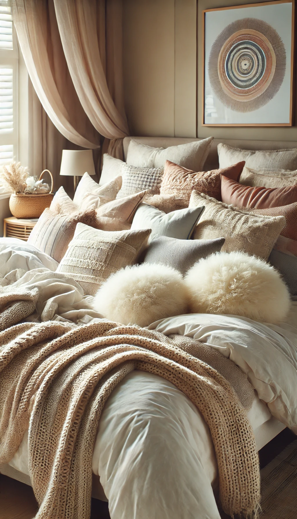 A cozy bedroom with plush bedding and layers. The bed is adorned with fluffy pillows, a cozy duvet, and throw blankets in neutral and pastel tones.
