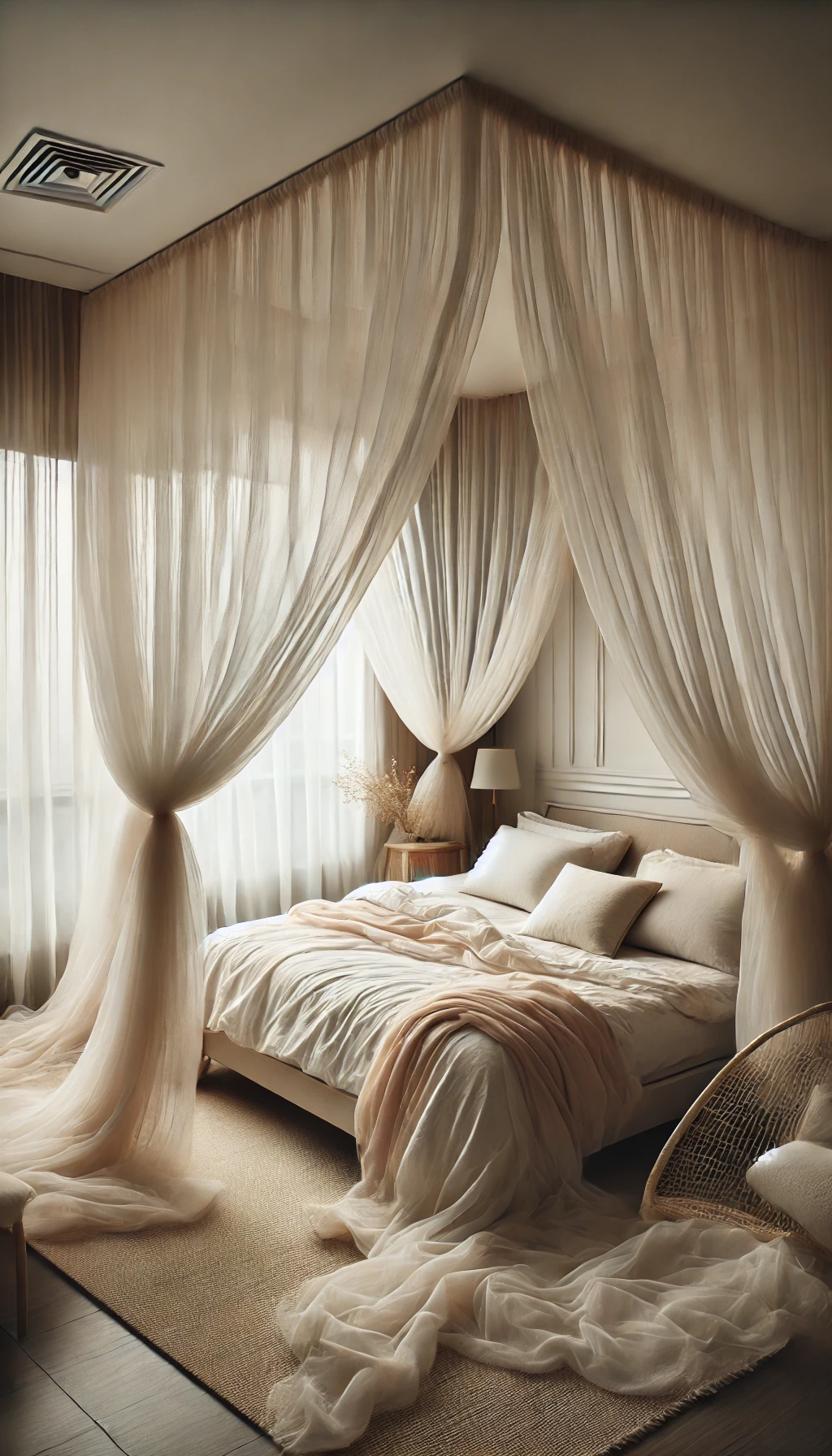A romantic bedroom with a canopy or sheer curtains. Light, flowing fabric drapes elegantly around the bed, creating an ethereal and intimate atmospher