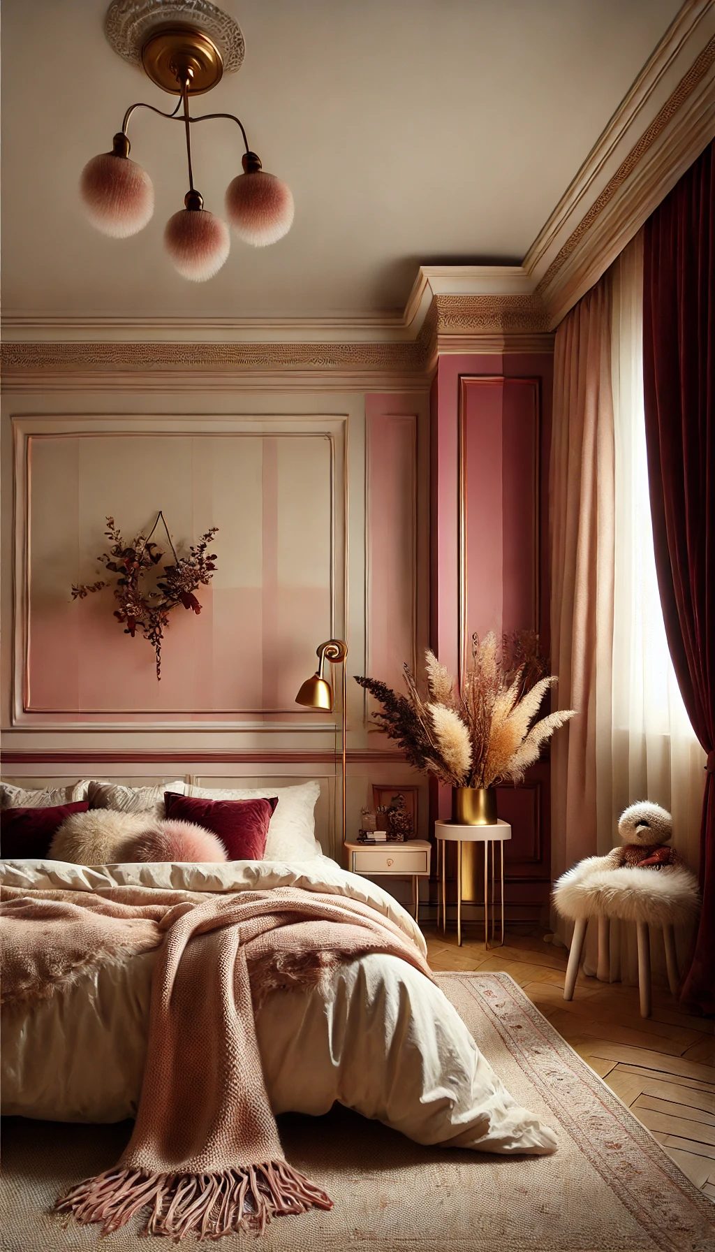 A cozy bedroom with a romantic color palette. The walls are painted in soft blush pink and warm ivory, complemented by deep burgundy accents.