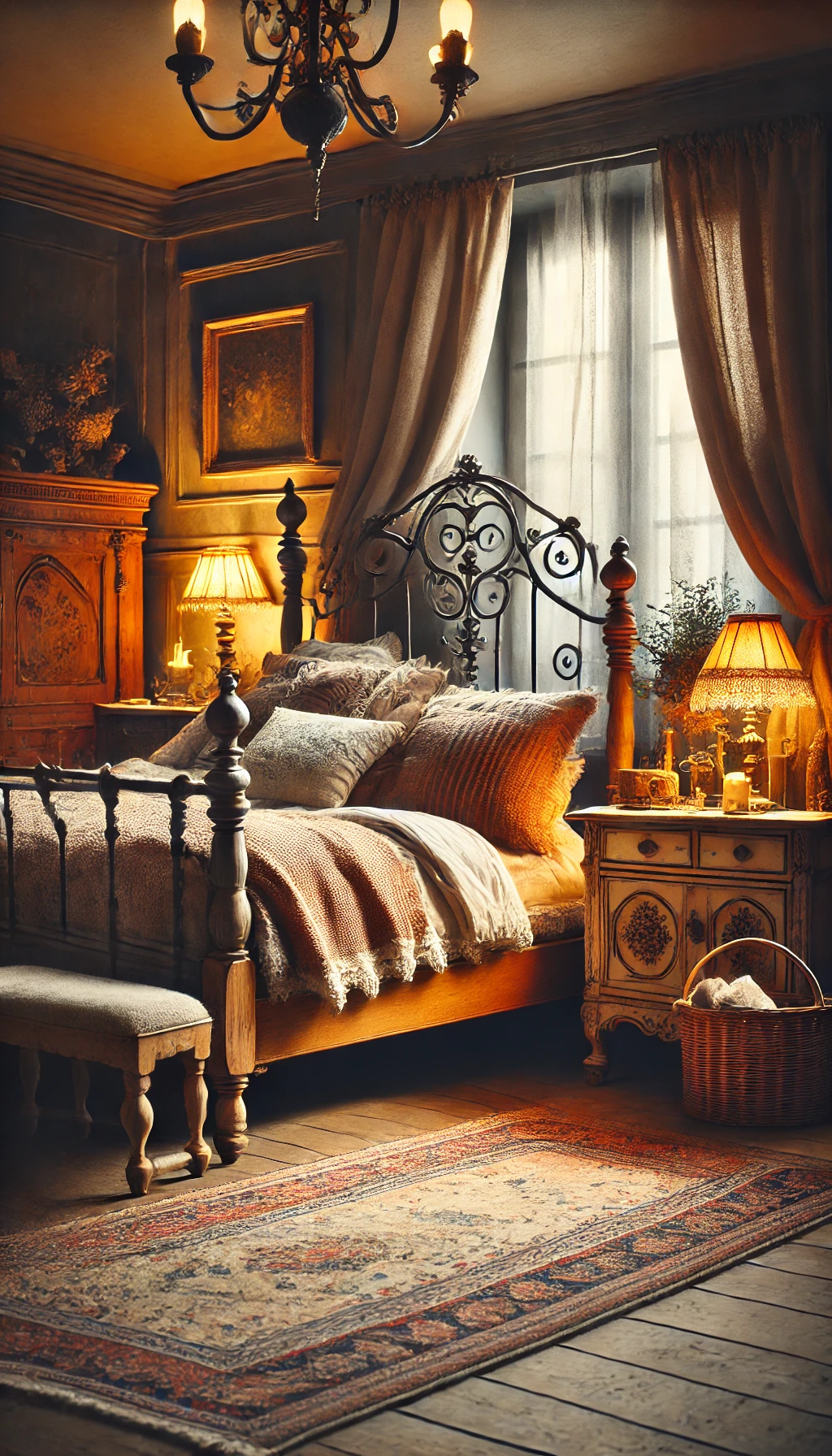 A cozy bedroom with vintage or rustic furniture. The room features a distressed wooden nightstand, an antique dresser, and a wrought iron bed frame.