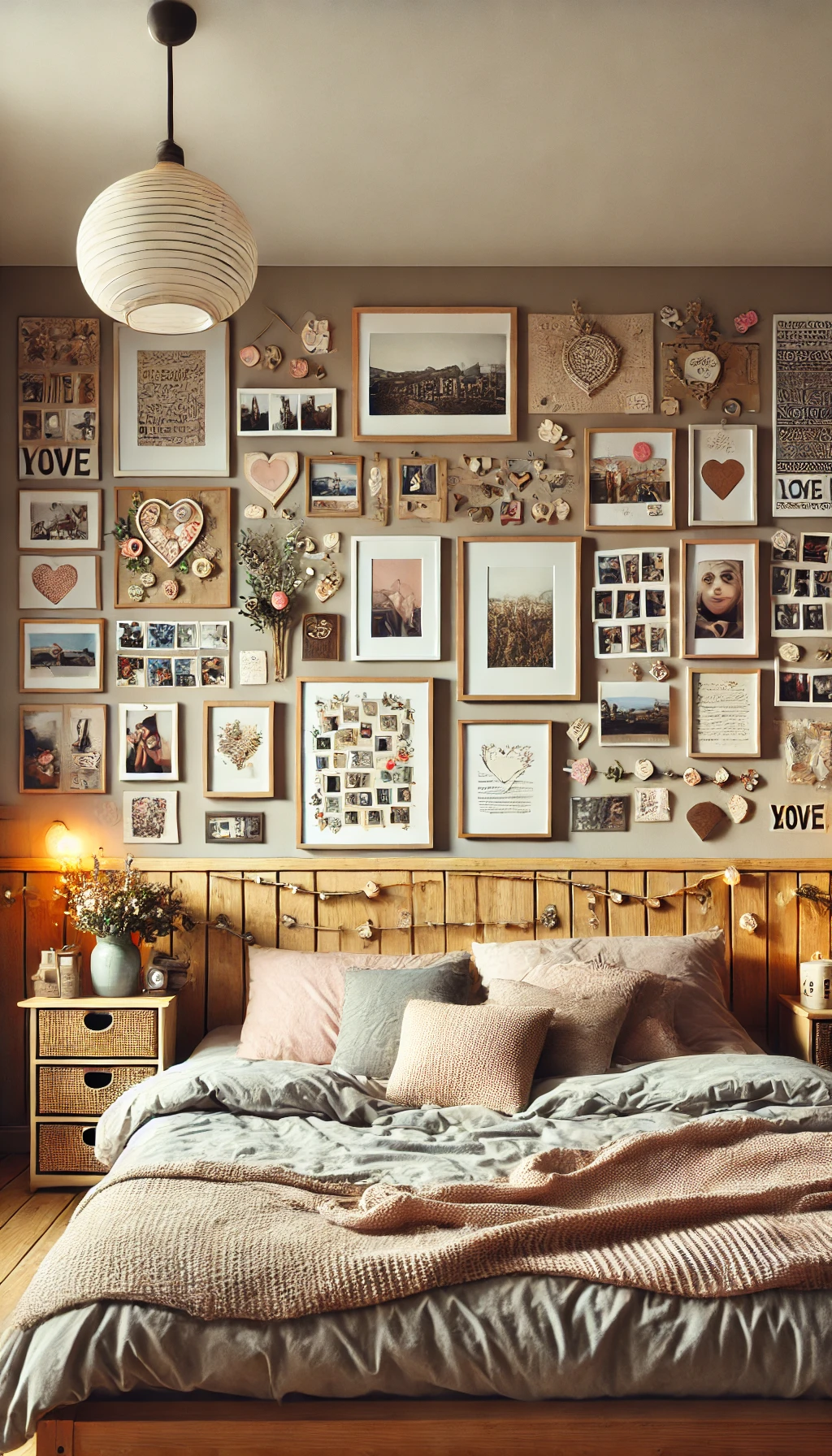 A cozy bedroom with personalized decor and sentimental touches. The room features framed photos, love letters, and meaningful artwork on the walls