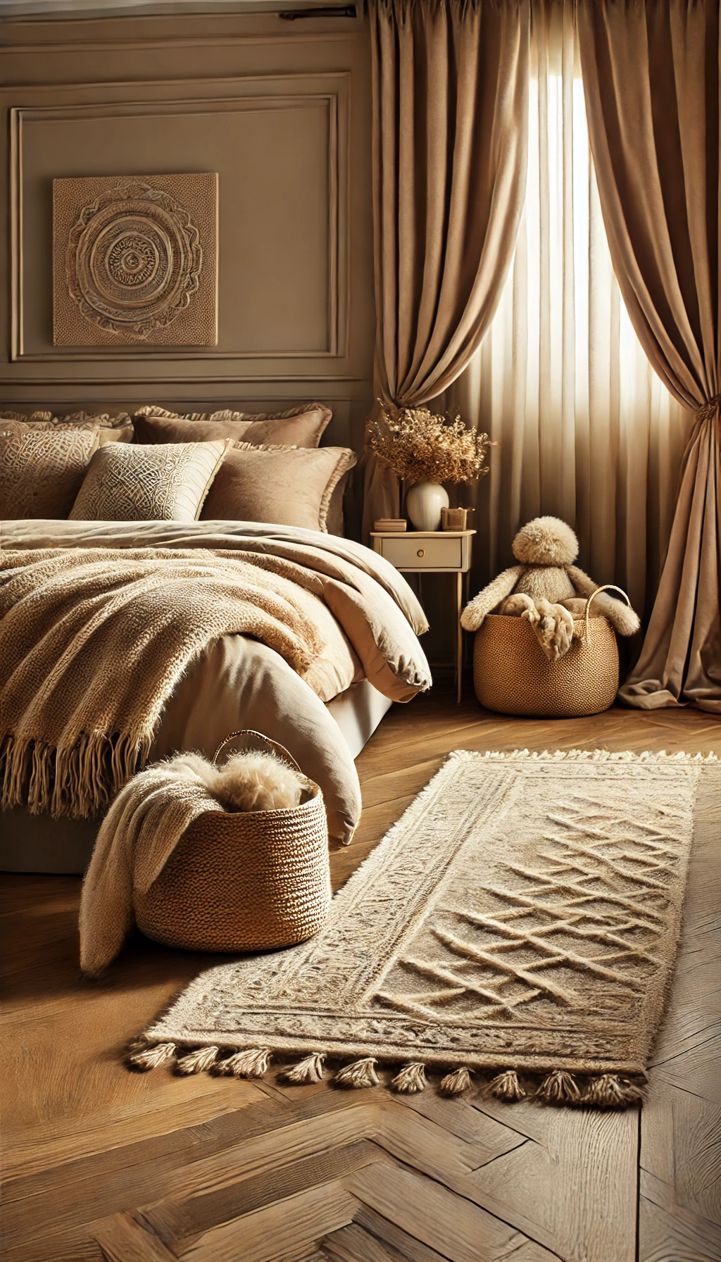 A cozy bedroom with soft rugs and textiles. A plush shaggy rug is placed under the bed, complemented by thick woven blankets and velvet curtains