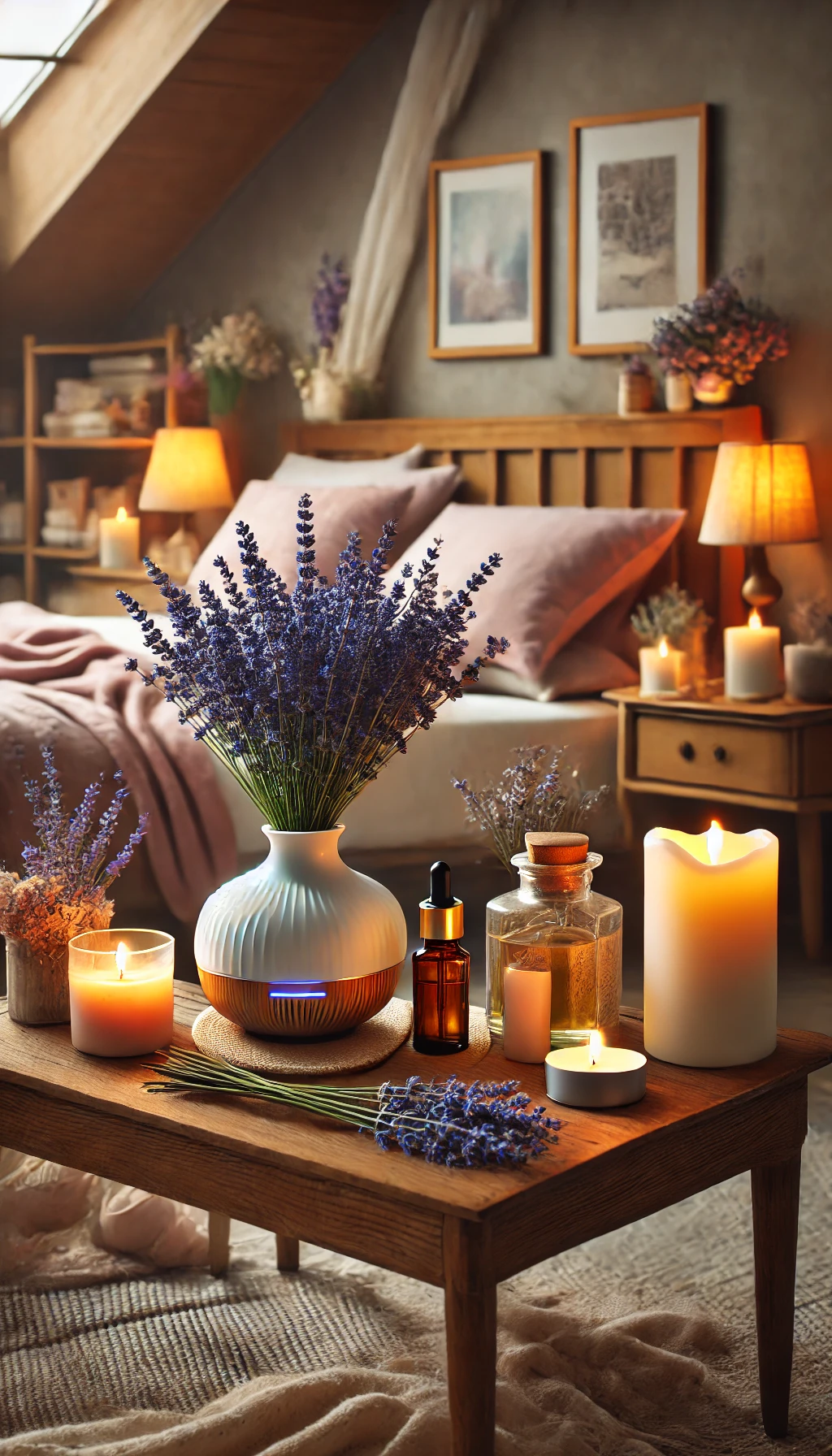 A cozy bedroom with fragrant scents and aromatherapy. The room features an essential oil diffuser, scented candles, and fresh lavender flowers