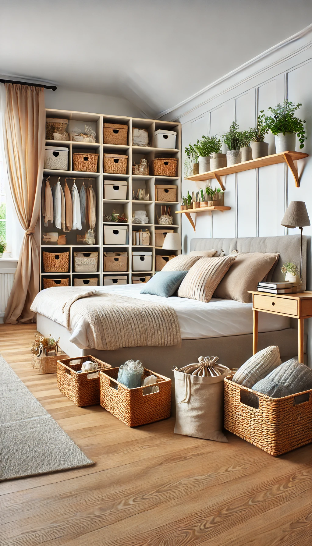 A cozy and clutter-free bedroom with organized storage solutions. The room features decorative woven baskets, under-bed storage, and floating shelves