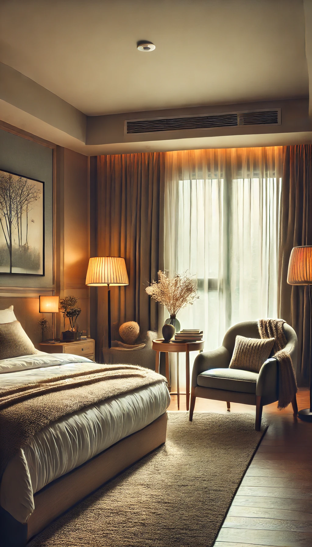 A cozy bedroom with a small seating area. The room features a plush armchair near a window, a cozy chaise lounge, and a soft throw blanket.