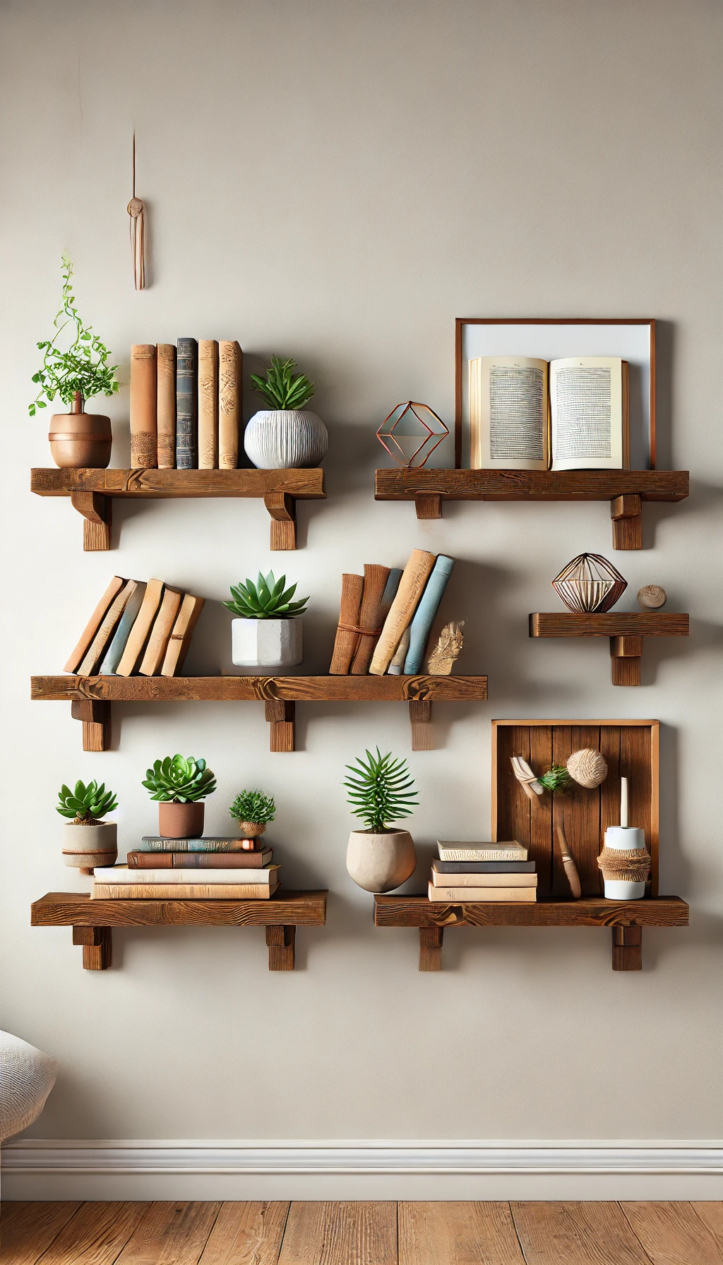 A set of stylish DIY floating shelves mounted on a wall, decorated with books, small plants, and decorative items. 