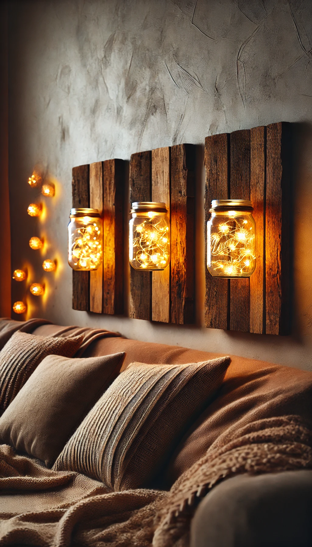 A cozy interior wall decorated with DIY mason jar wall sconces. The mason jars are filled with warm fairy lights, emitting a soft glow, and mounted on