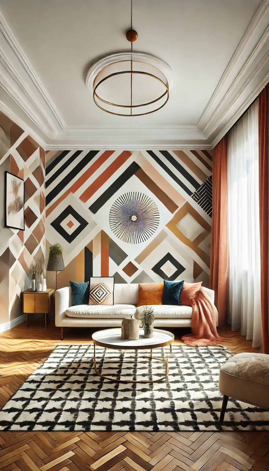 A stylish hand-painted accent wall in a modern living room. The wall features a geometric pattern with bold colors, creating a striking statement decor