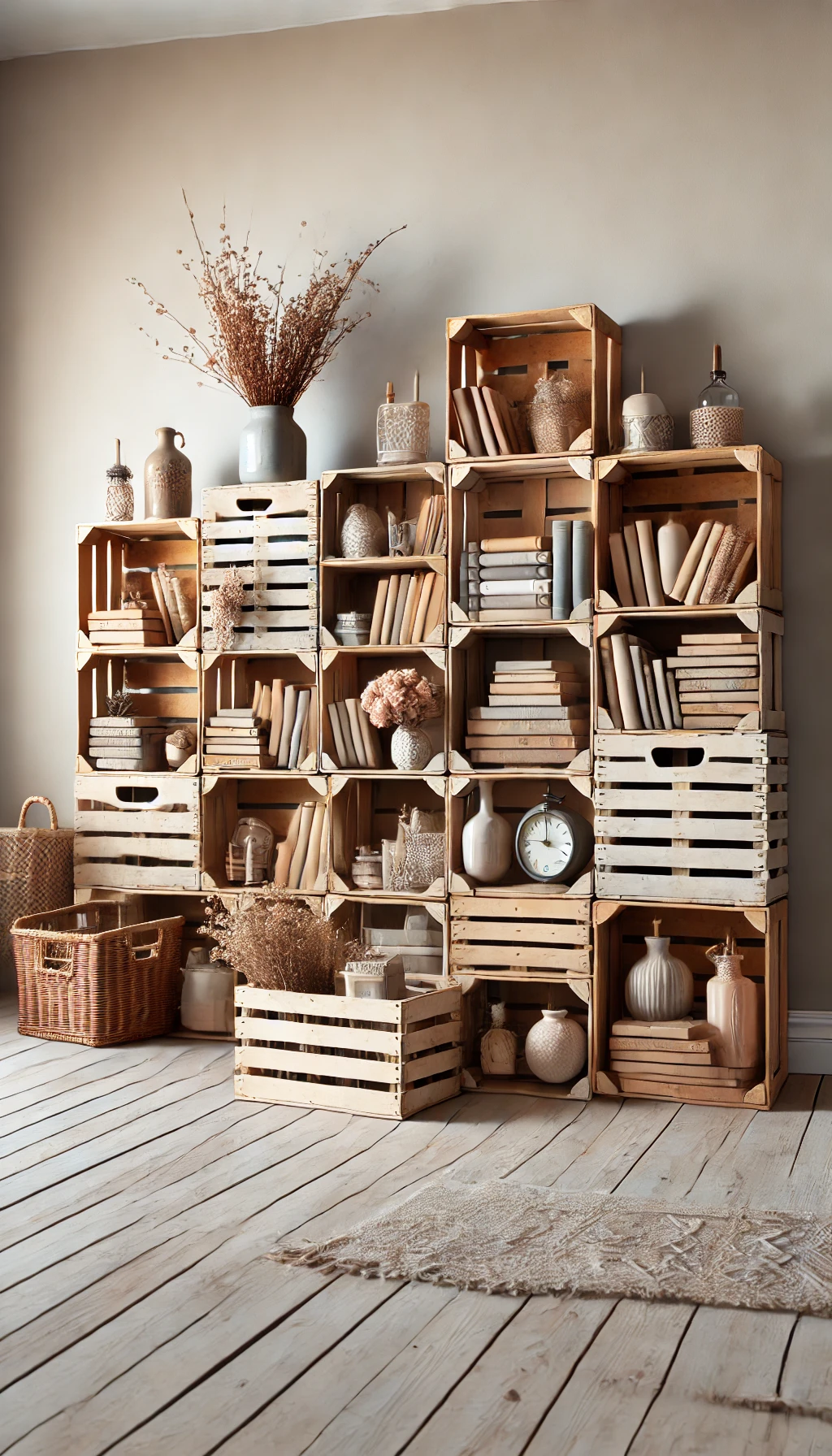 A creative DIY storage solution using repurposed wooden crates.