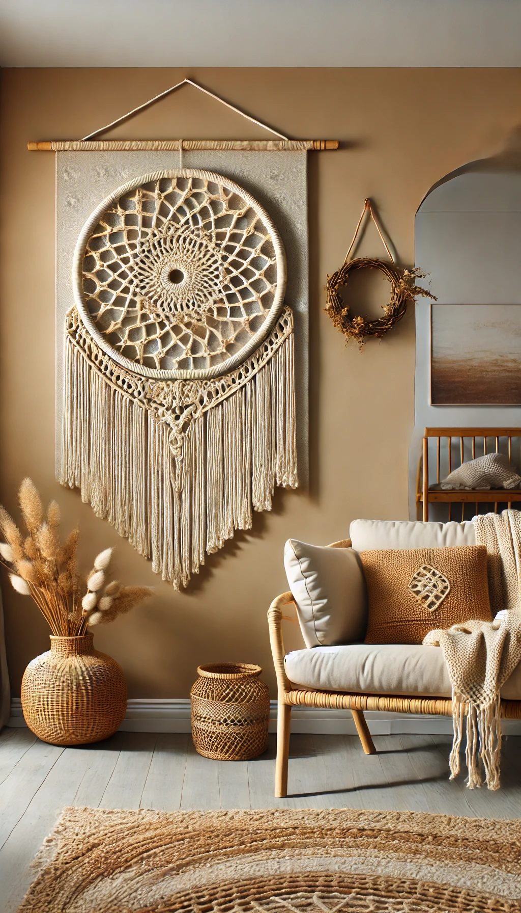 A beautiful macramé wall hanging displayed in a cozy boho-style living room.