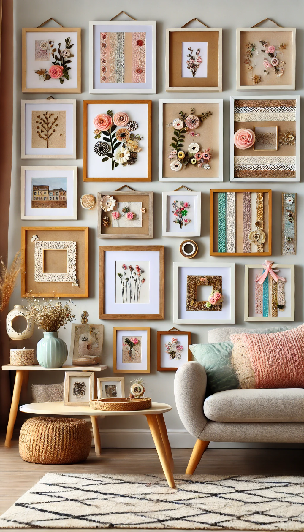 A collection of customized DIY picture frames displayed on a cozy living room wall.
