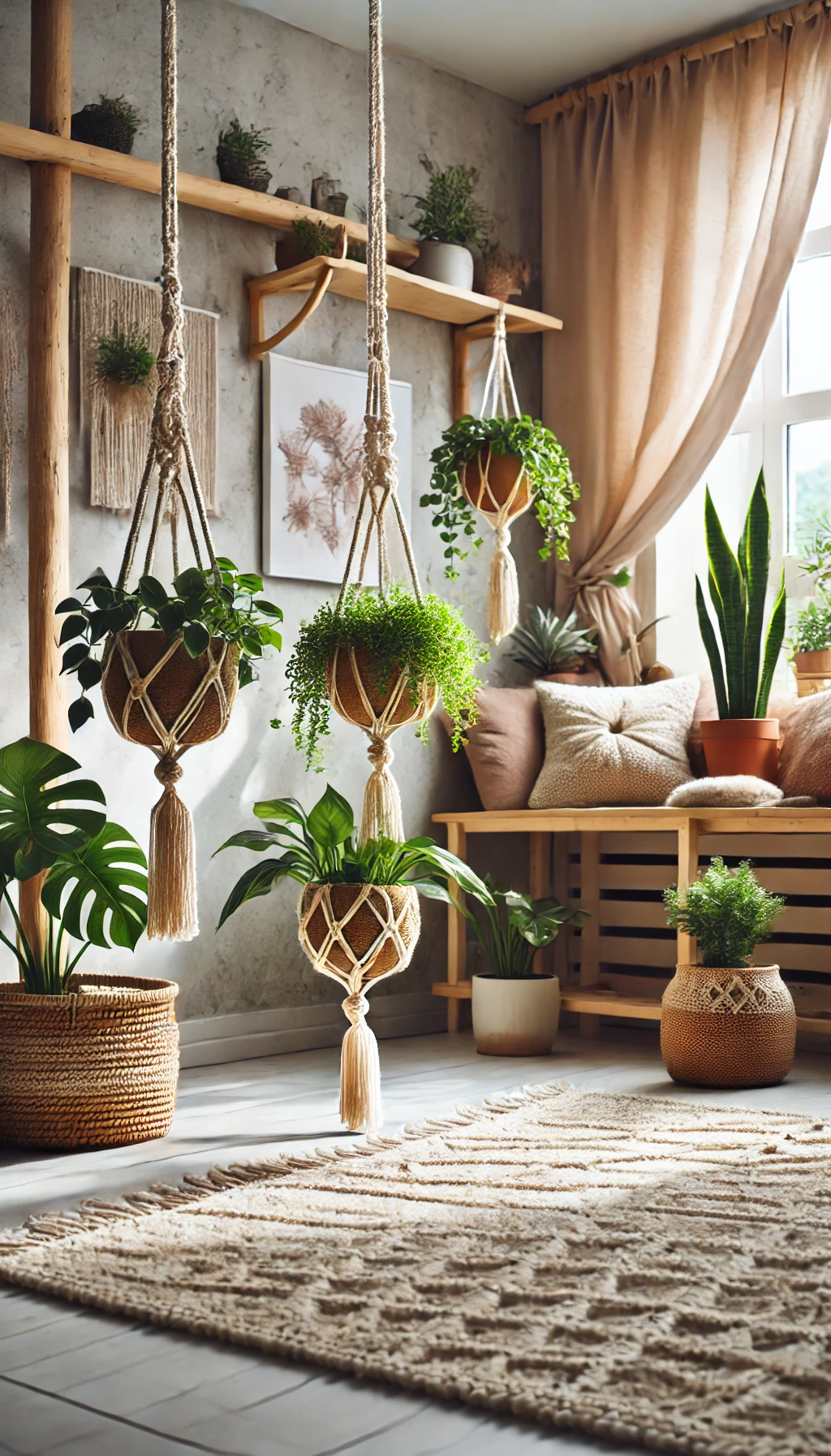 A cozy indoor space with DIY plant hangers holding lush green plants.