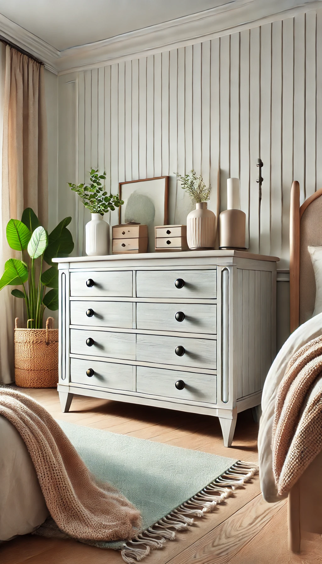 A beautifully upcycled wooden dresser in a modern bedroom.