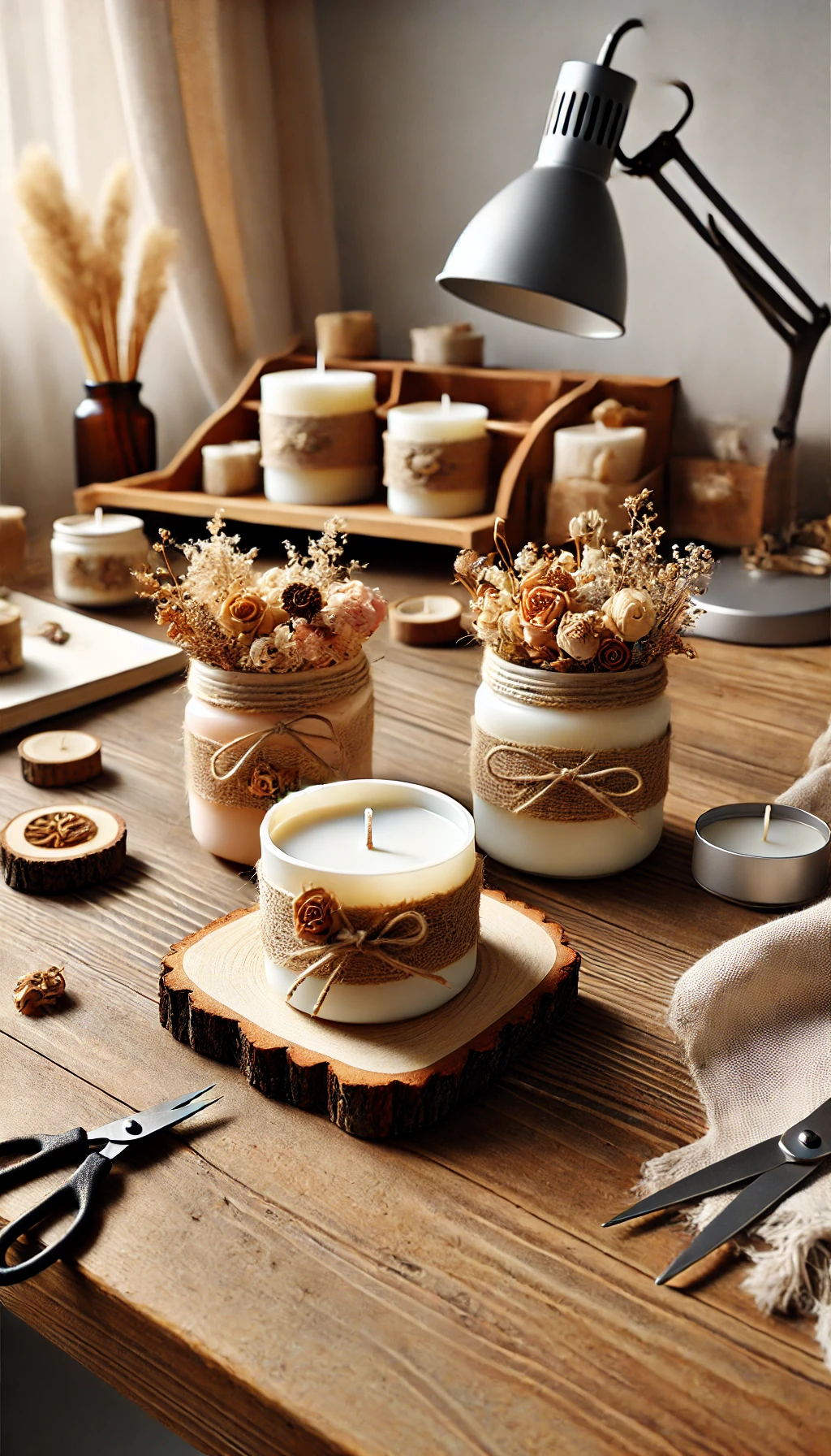 A cozy workspace with handmade decorative candles placed on a wooden table. 