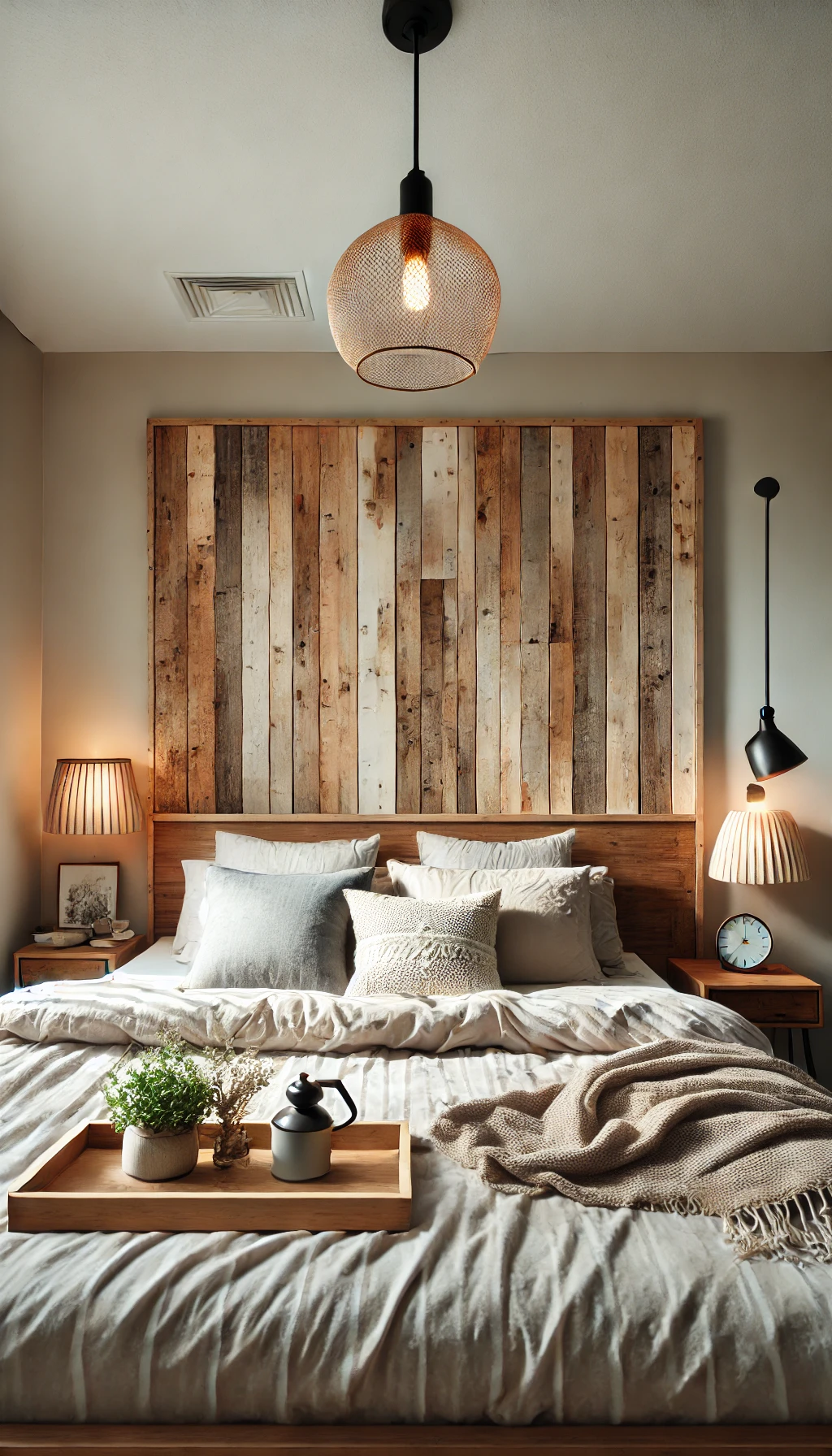 A cozy bedroom with a DIY rustic wooden headboard. The headboard is made from reclaimed wood, featuring a natural finish that adds warmth and charm to