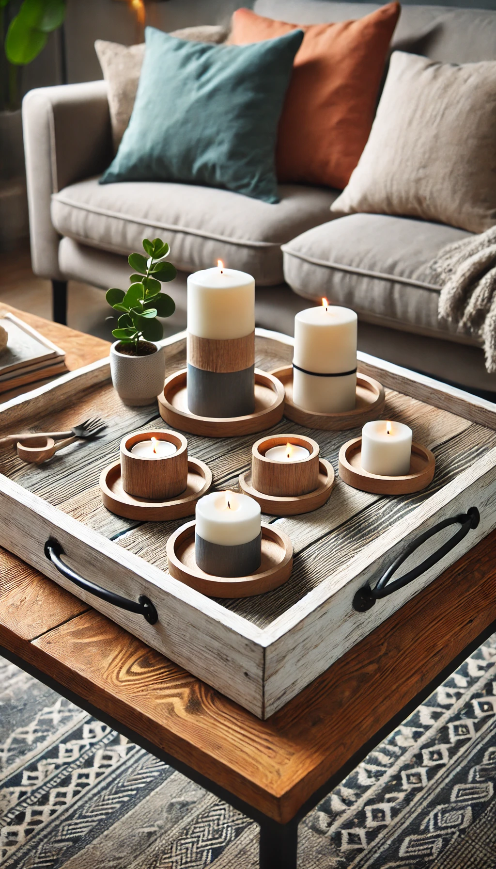 a stylish DIY coffee table tray placed on a wooden coffee table. The tray is handmade with painted wood and metal handles, holding candles and a small