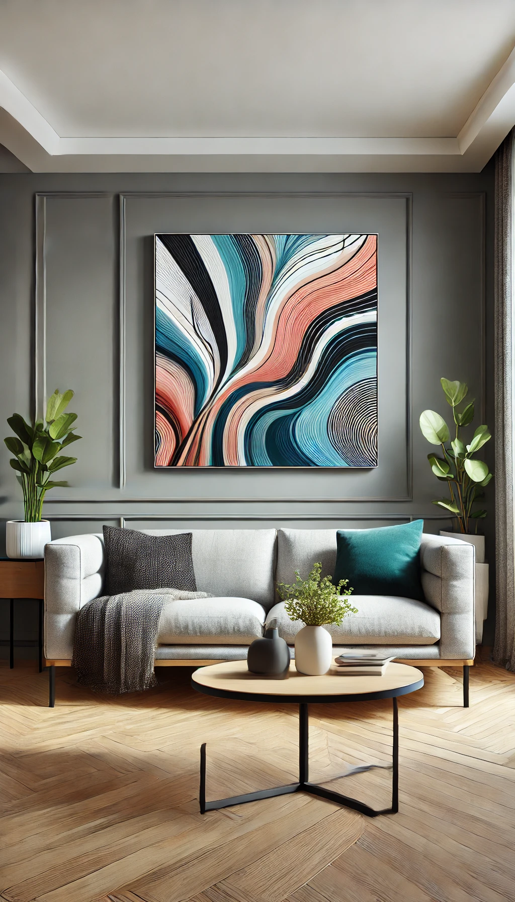 A modern living room with a handmade wall art piece displayed above the sofa. The artwork is an abstract canvas painting with bold colors, adding a un