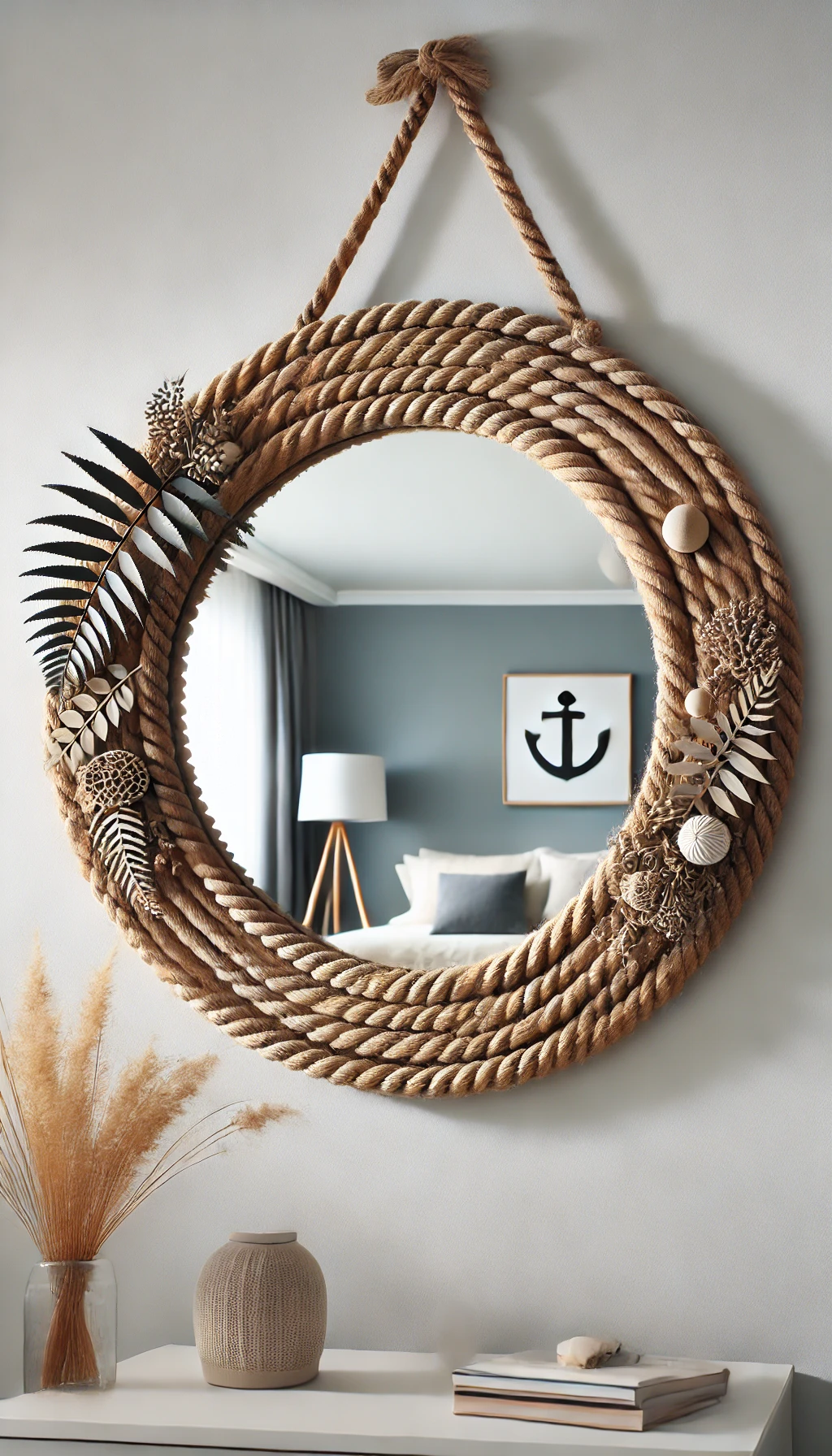 A round decorative mirror with a DIY rope frame, hanging on a white wall.