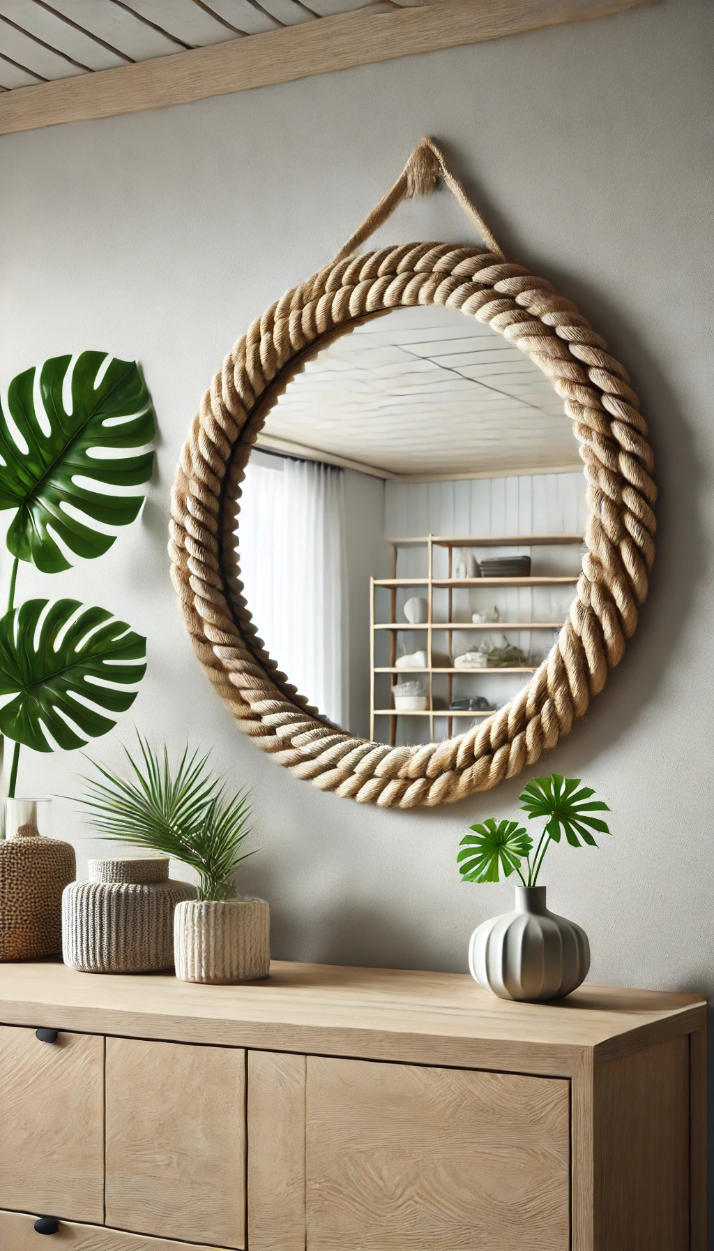 A stylish DIY decorative mirror with a rope frame, hanging on a modern wall. The mirror has a round shape with thick rope wrapped around its edges, ad