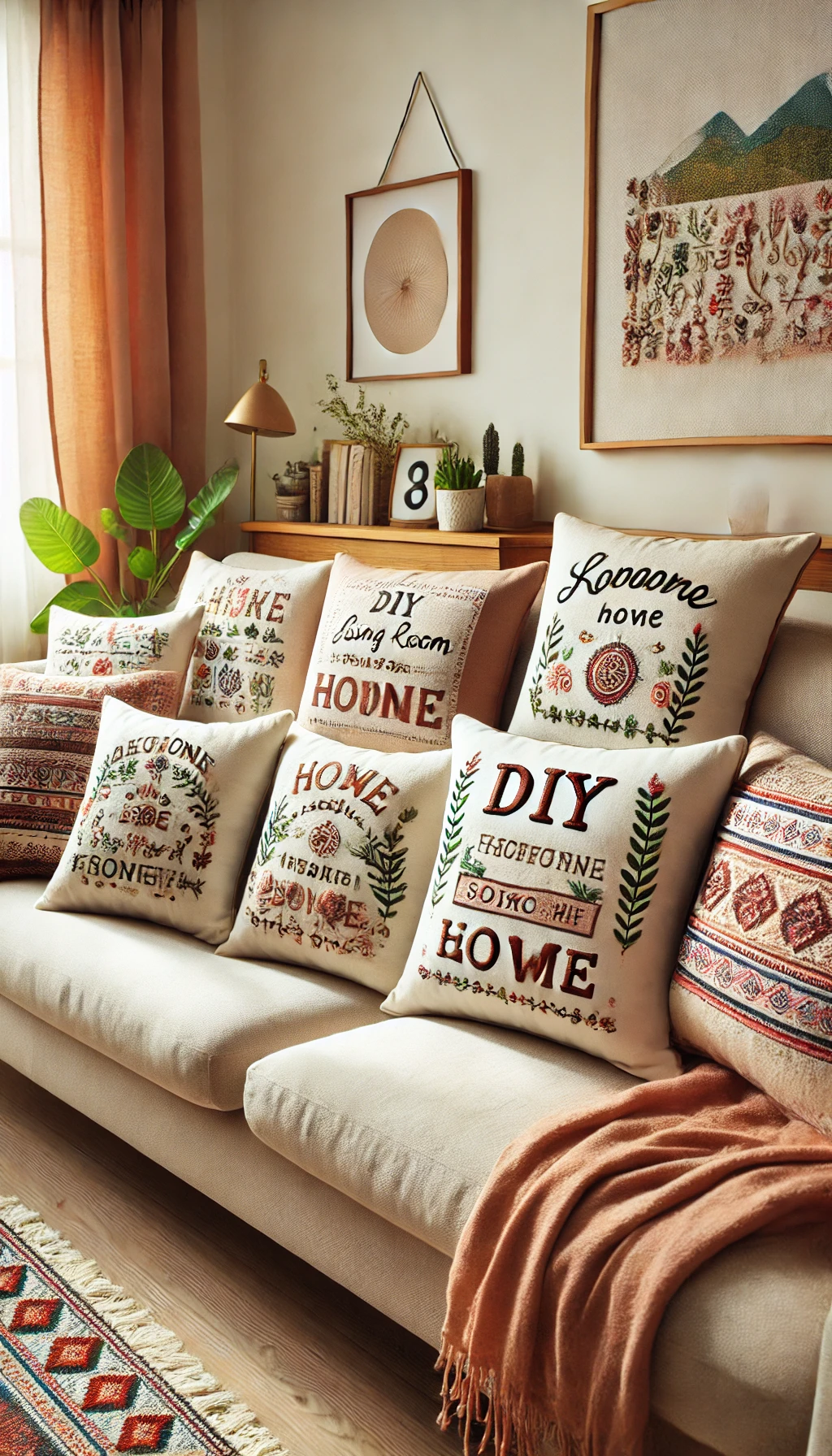a cozy living room sofa with DIY personalized throw pillows. The pillows feature custom embroidery, printed quotes, and unique patterns, adding a warm