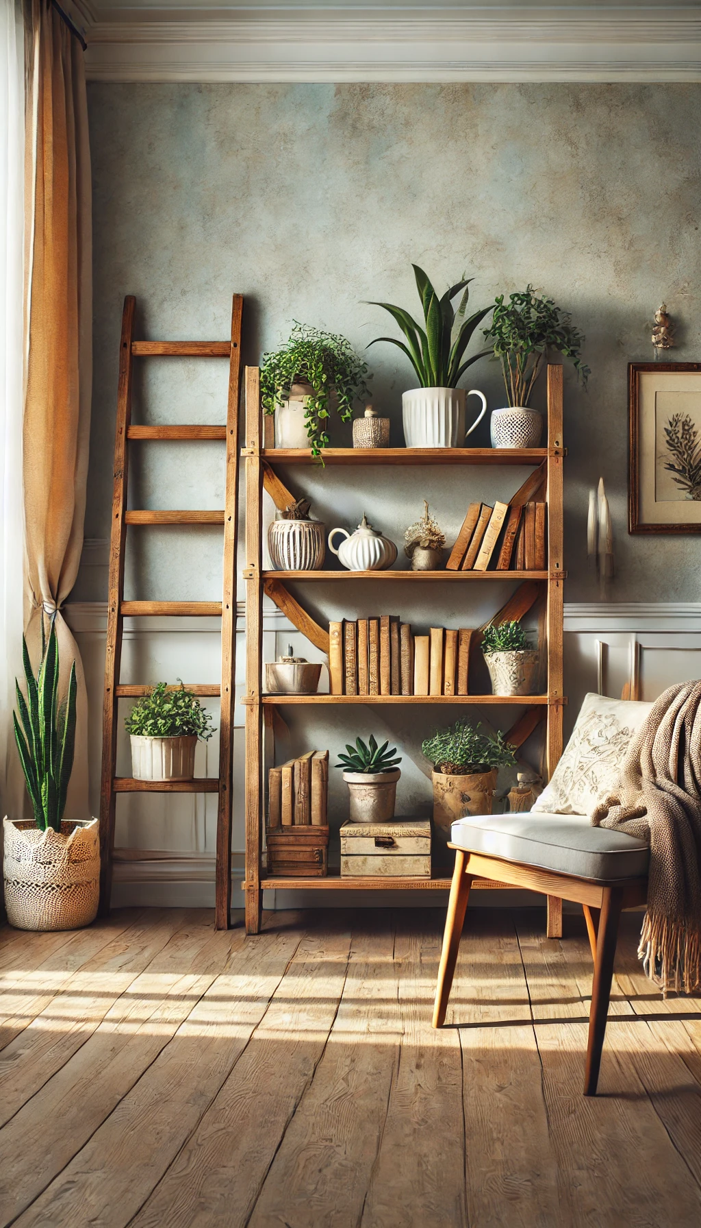 A-cozy-vintage-style-interior-featuring-a-DIY-vintage-ladder-shelf.