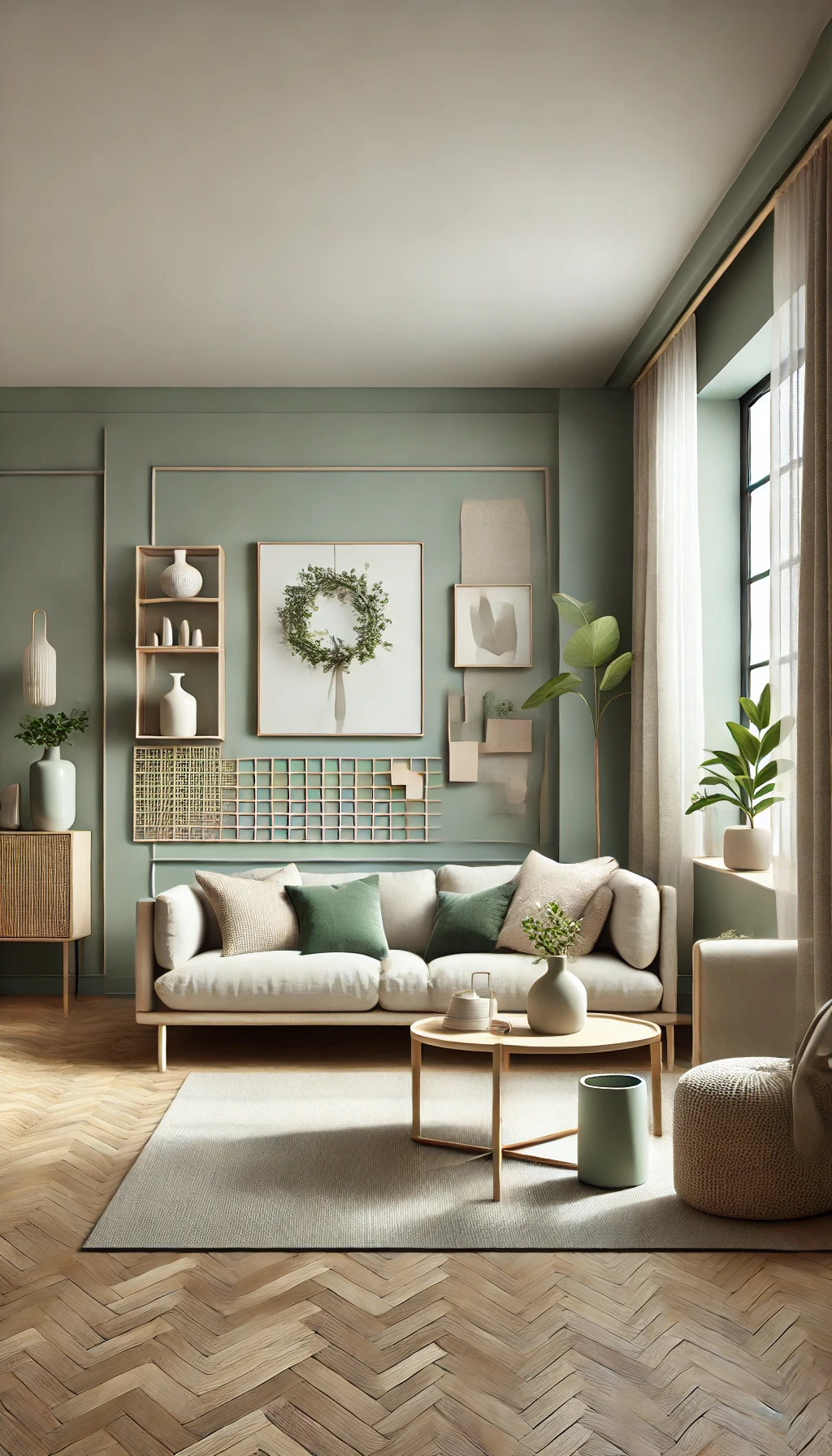 a beautifully designed living space showcasing the perfect green-gray neutral color on the walls.