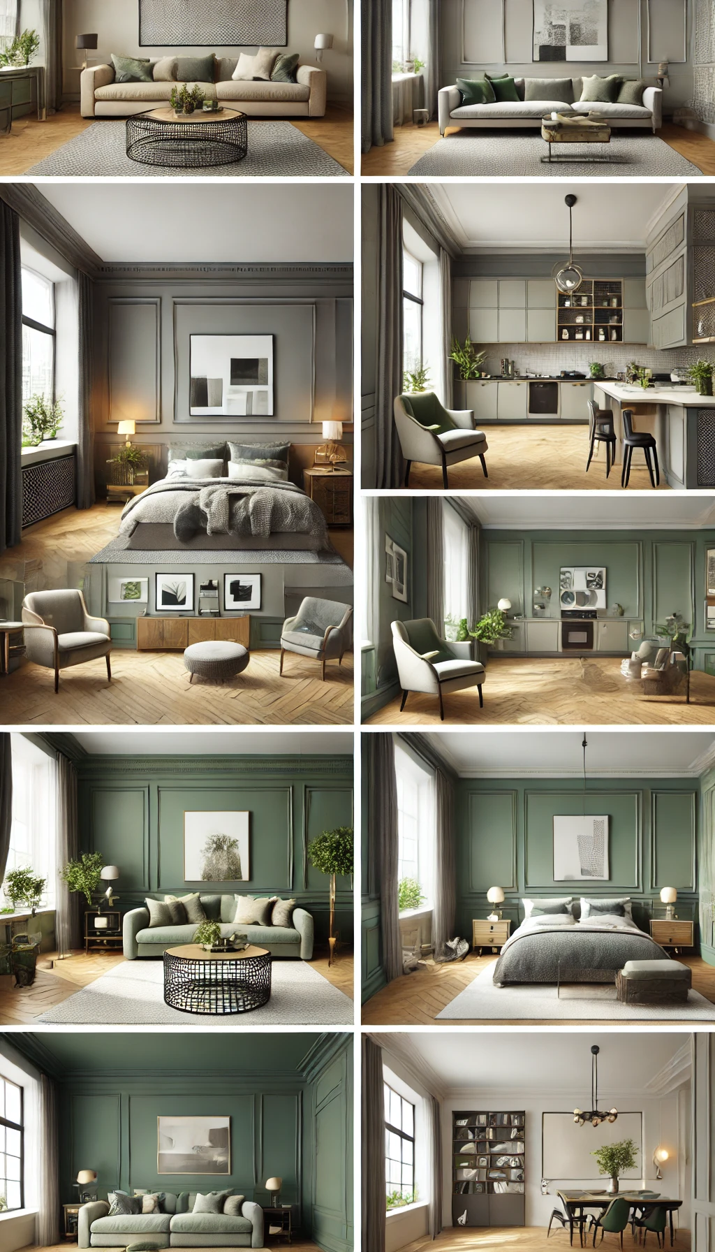 a stylish living room, bedroom, kitchen, bathroom, and home office, each featuring green-gray walls.