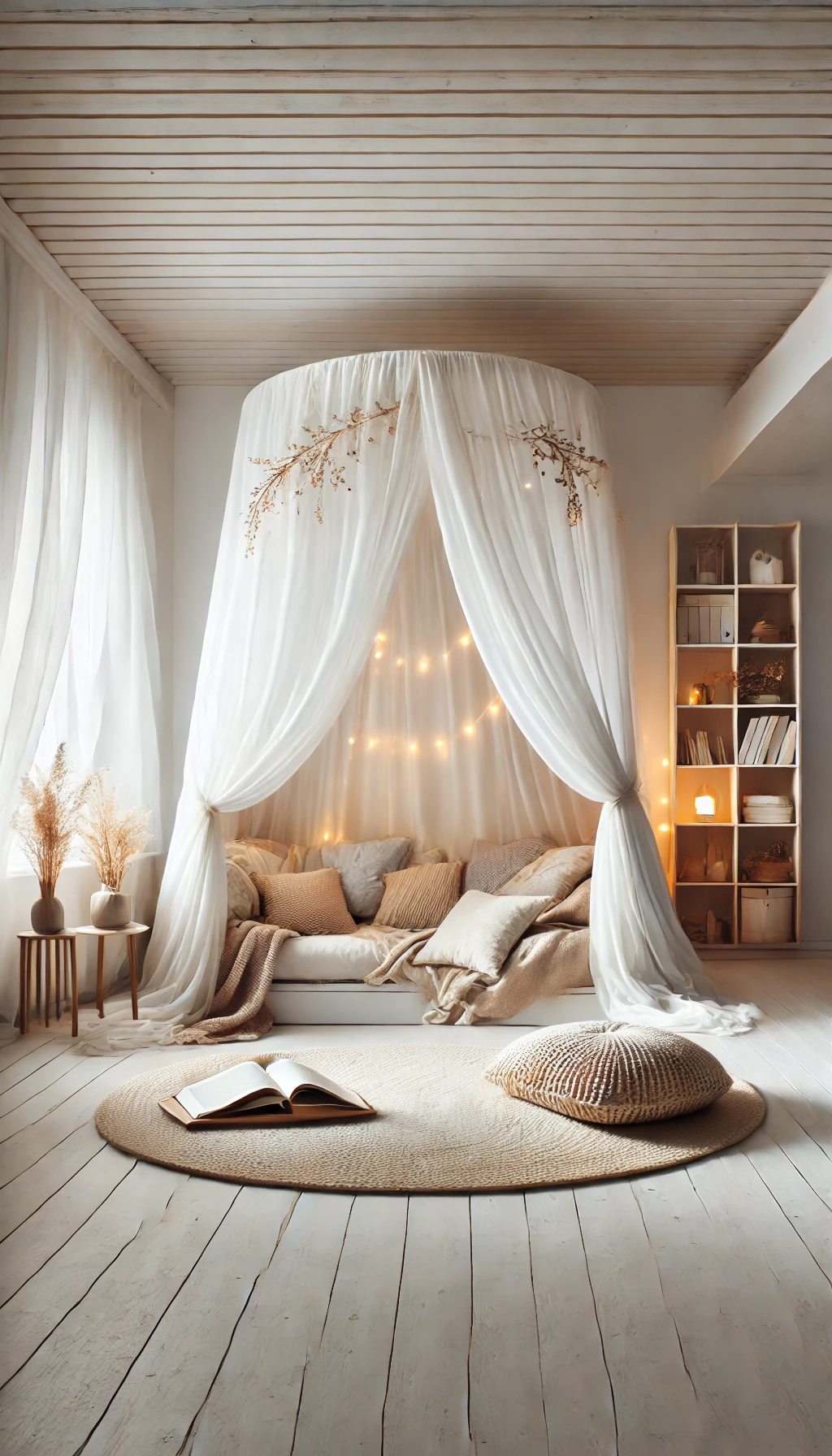 A DIY cozy nook with a canopy in a stylish living area.