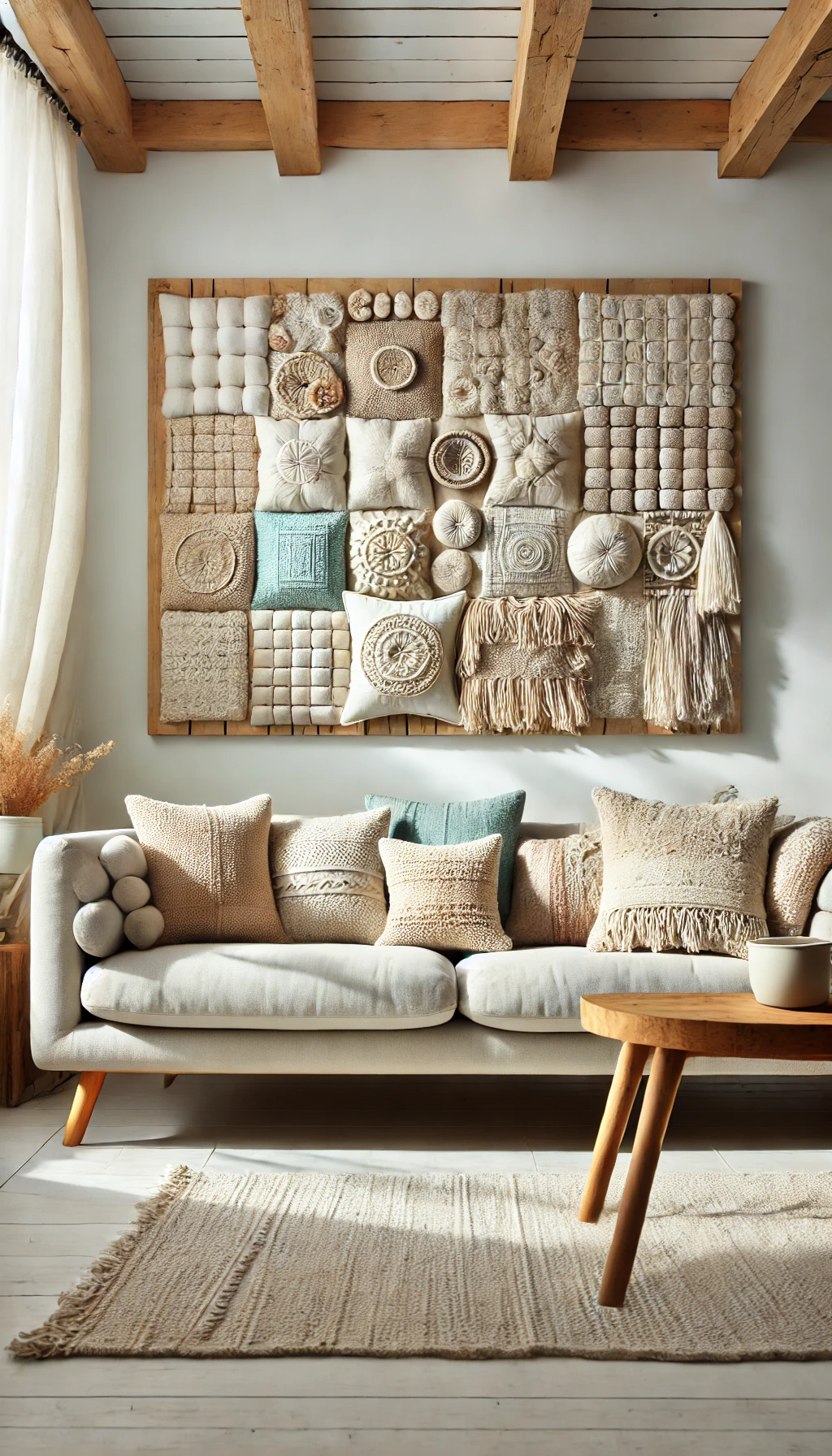 A DIY handmade textured throw pillow arrangement in a cozy living room.
