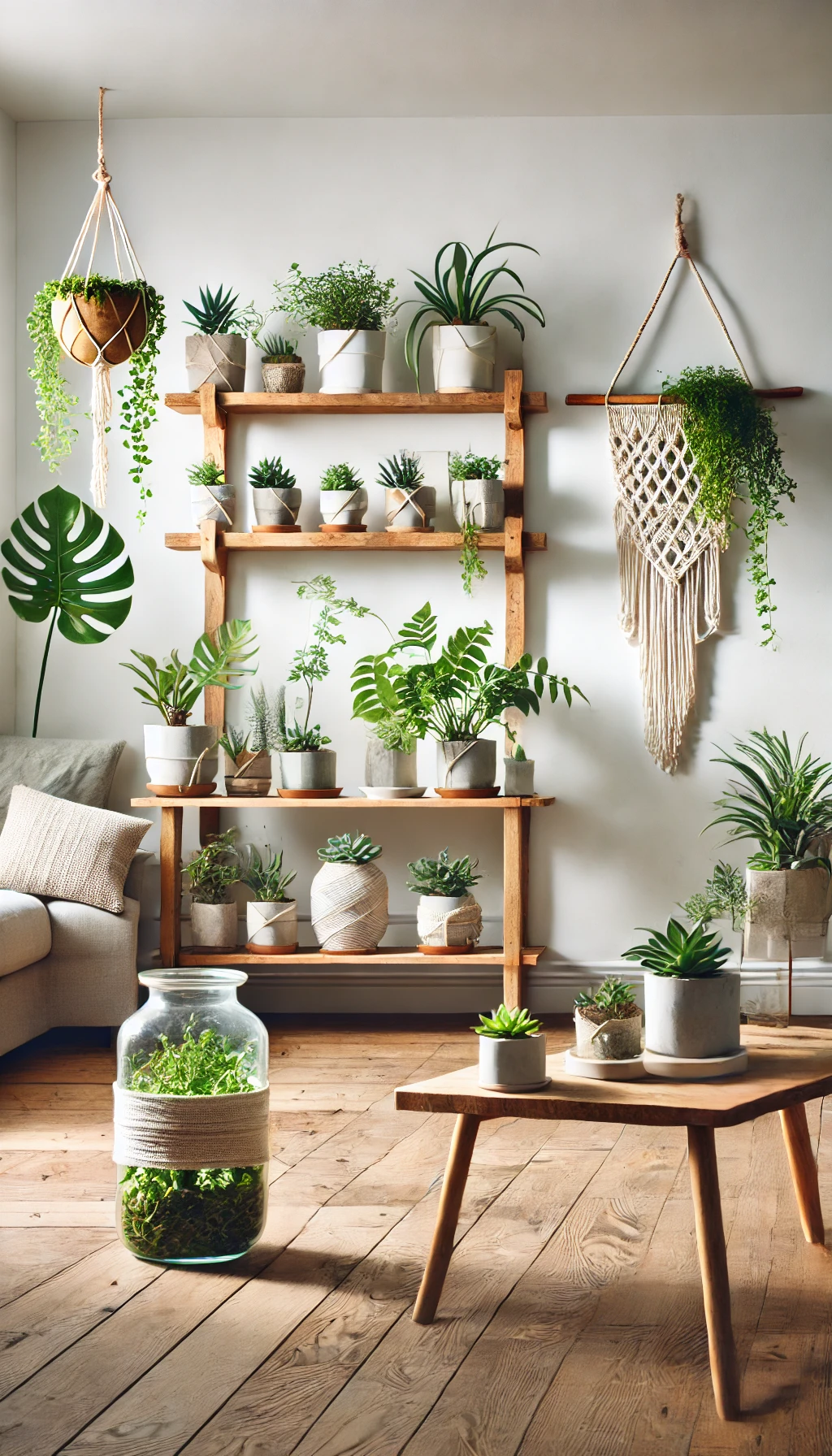 A DIY indoor plant display in a cozy living room.