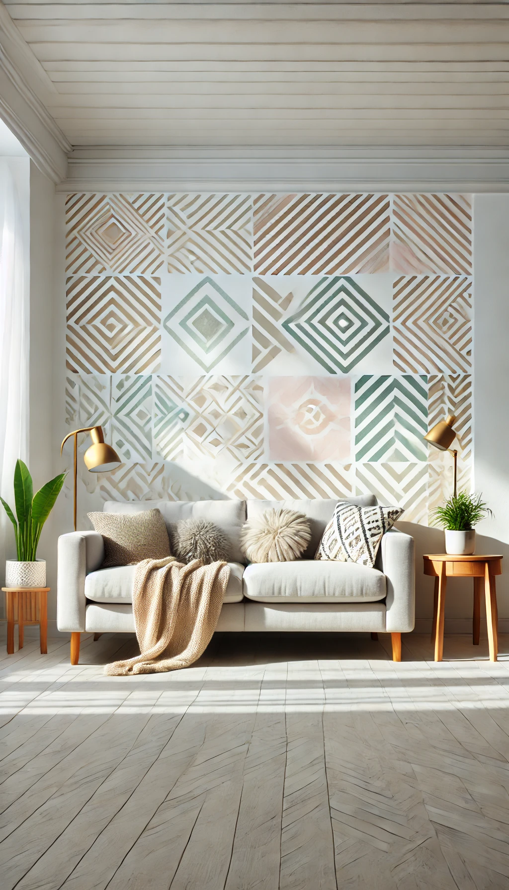 A DIY hand-painted accent wall in a stylish living room.
