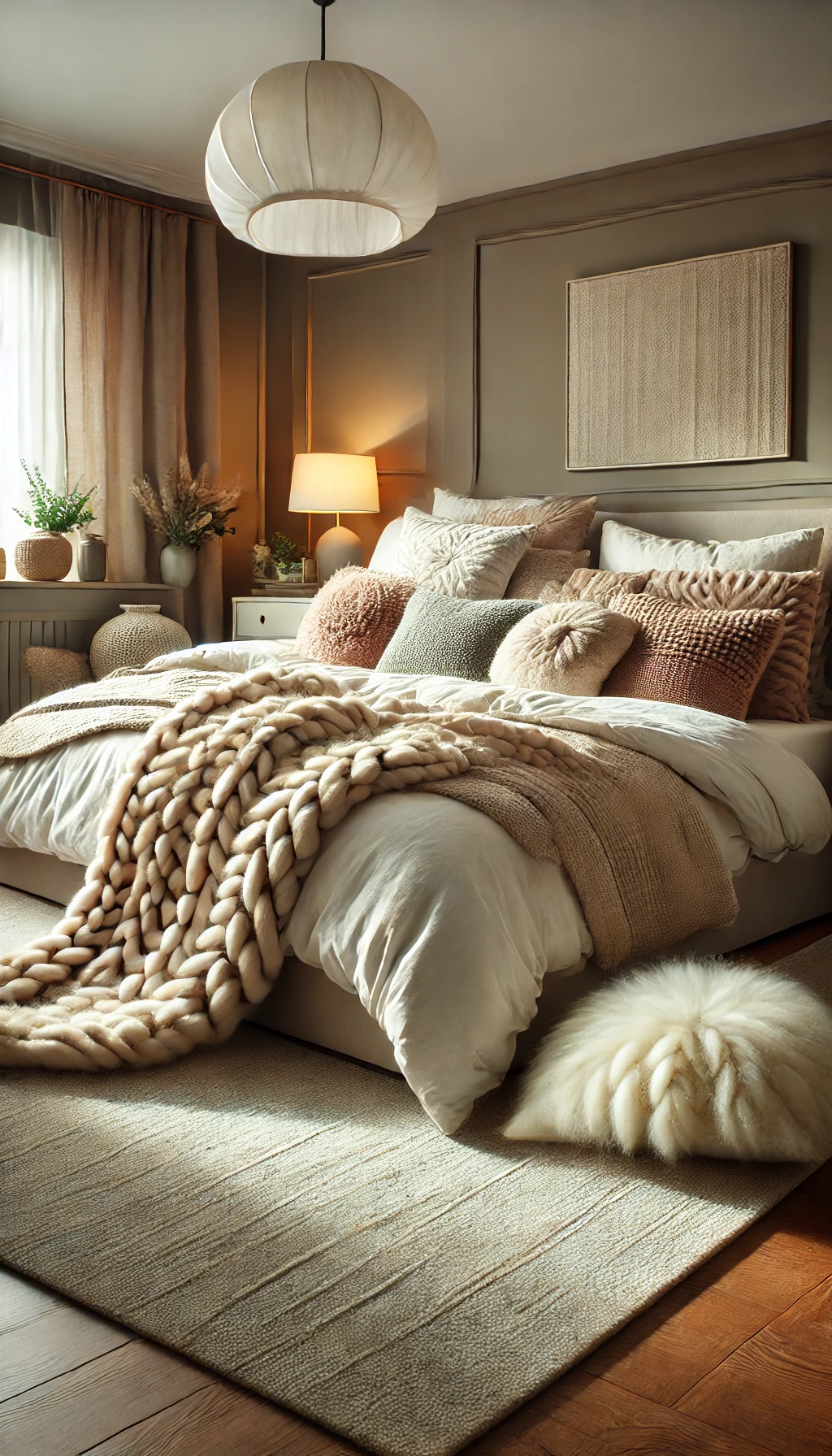 A cozy bedroom with soft layered textures, featuring a plush rug, fluffy pillows, and a chunky knit blanket on the bed.