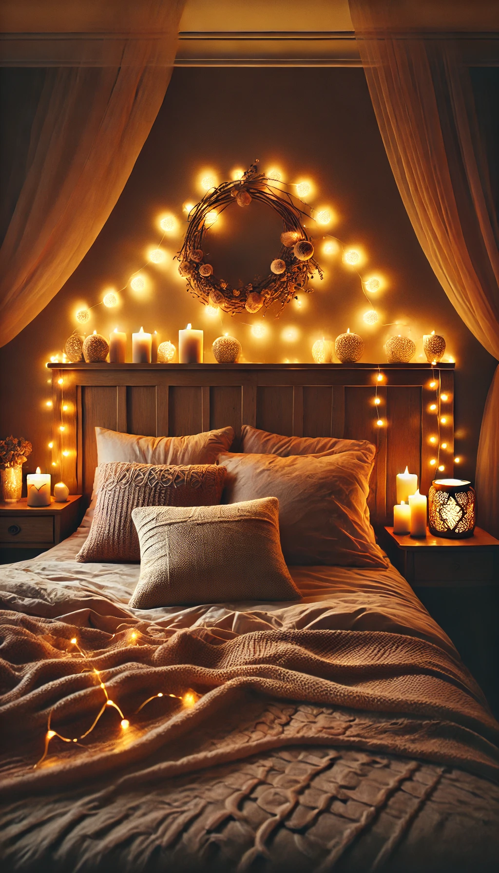 A bedroom with warm lighting featuring fairy lights draped around the headboard and candles placed on a bedside table.