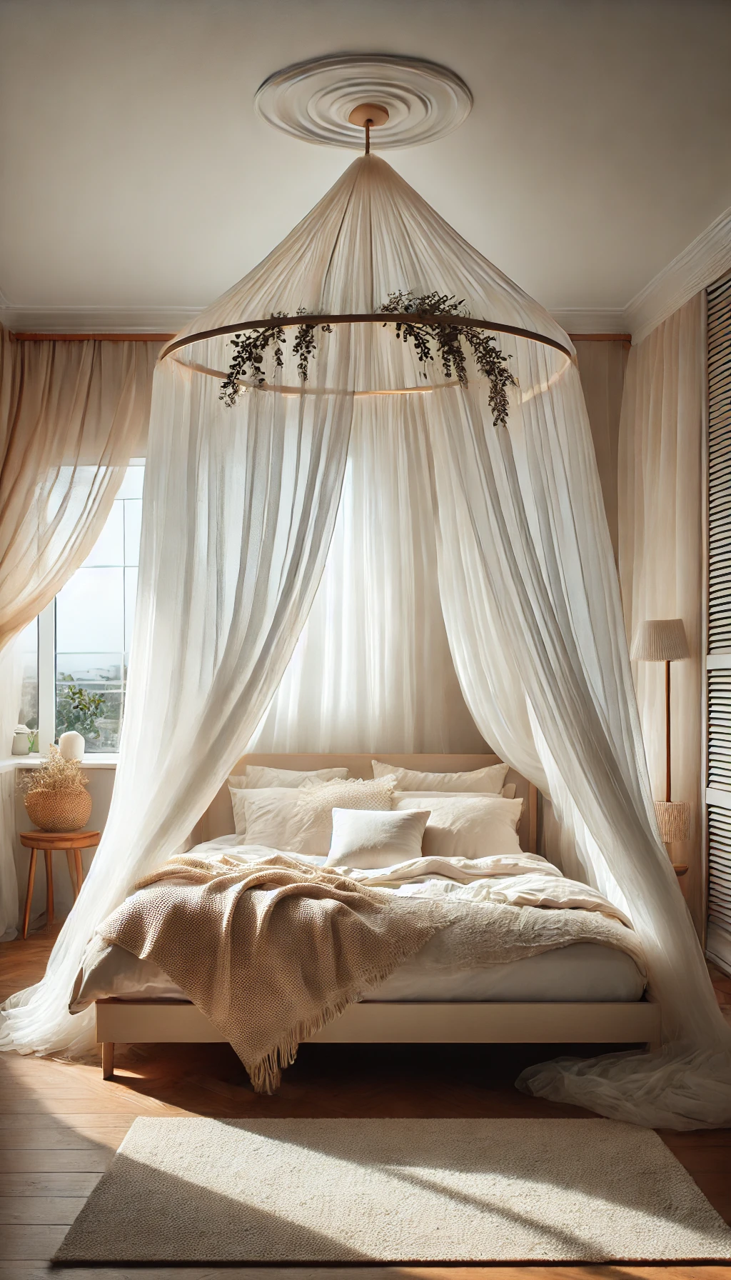 A cozy bedroom with a DIY canopy bed. Sheer white curtains hang elegantly from a circular frame above the bed, draping softly around it.