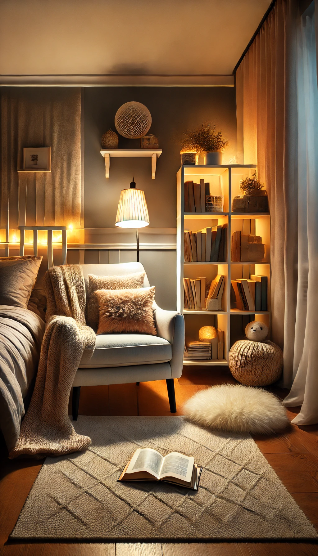 A cozy bedroom corner transformed into a DIY reading nook. A comfortable armchair with a soft throw blanket and plush pillows sits beside a small book