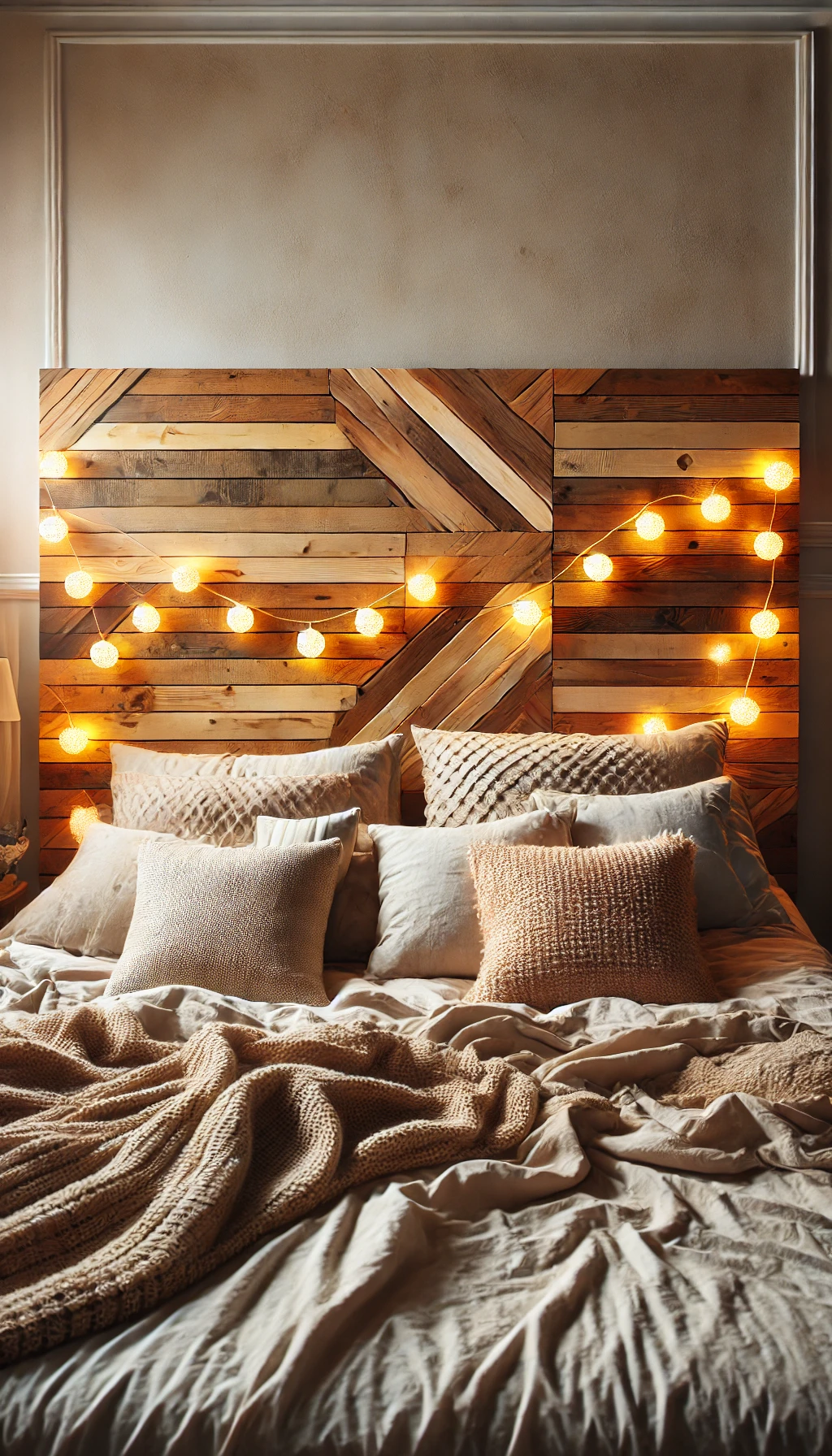 A beautifully crafted DIY wooden headboard made from warm-toned reclaimed wood planks, arranged in a herringbone pattern.