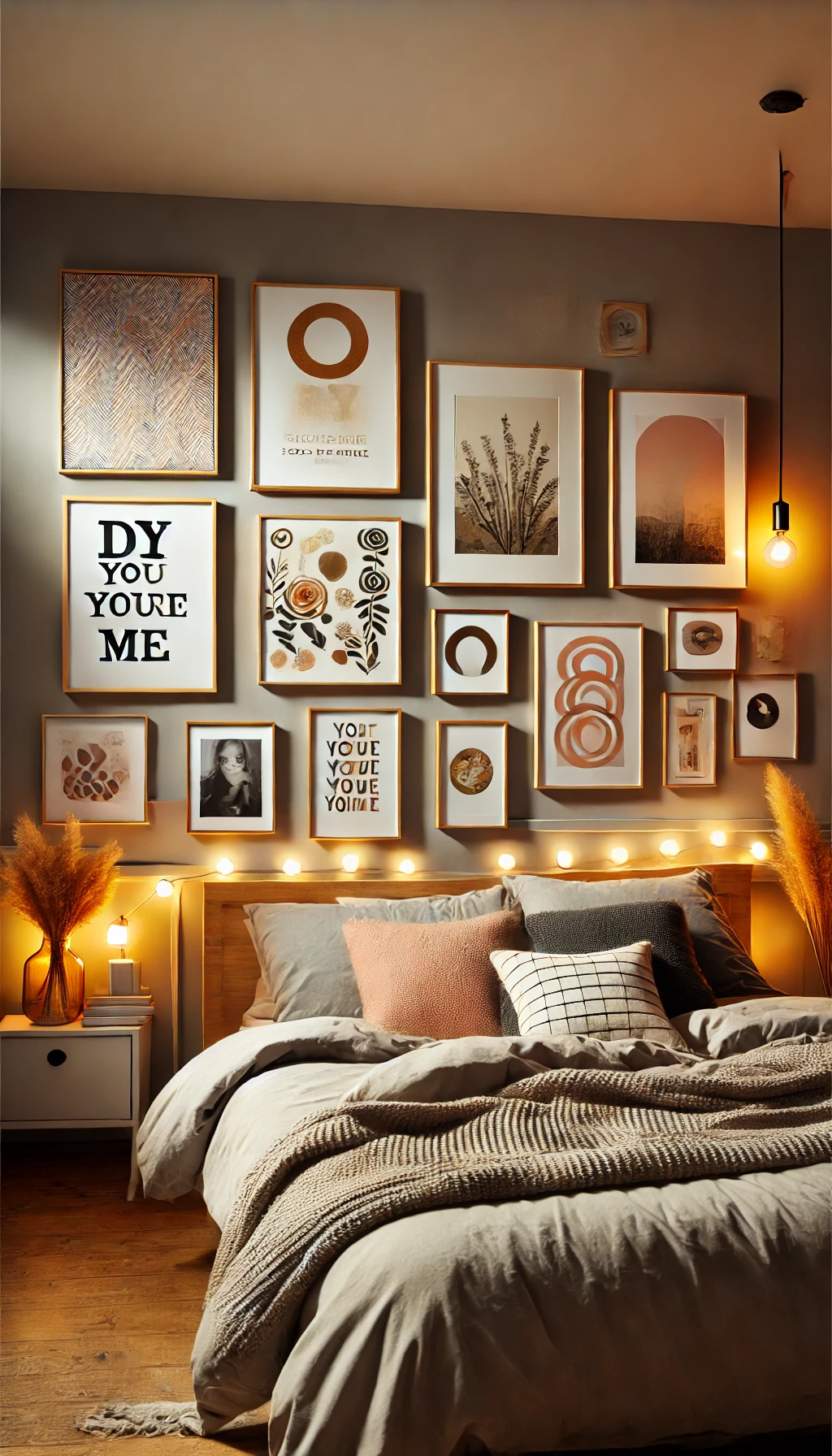 A cozy bedroom wall decorated with personalized DIY wall art. A stylish gallery wall featuring framed quotes, abstract paintings, and black-and-white