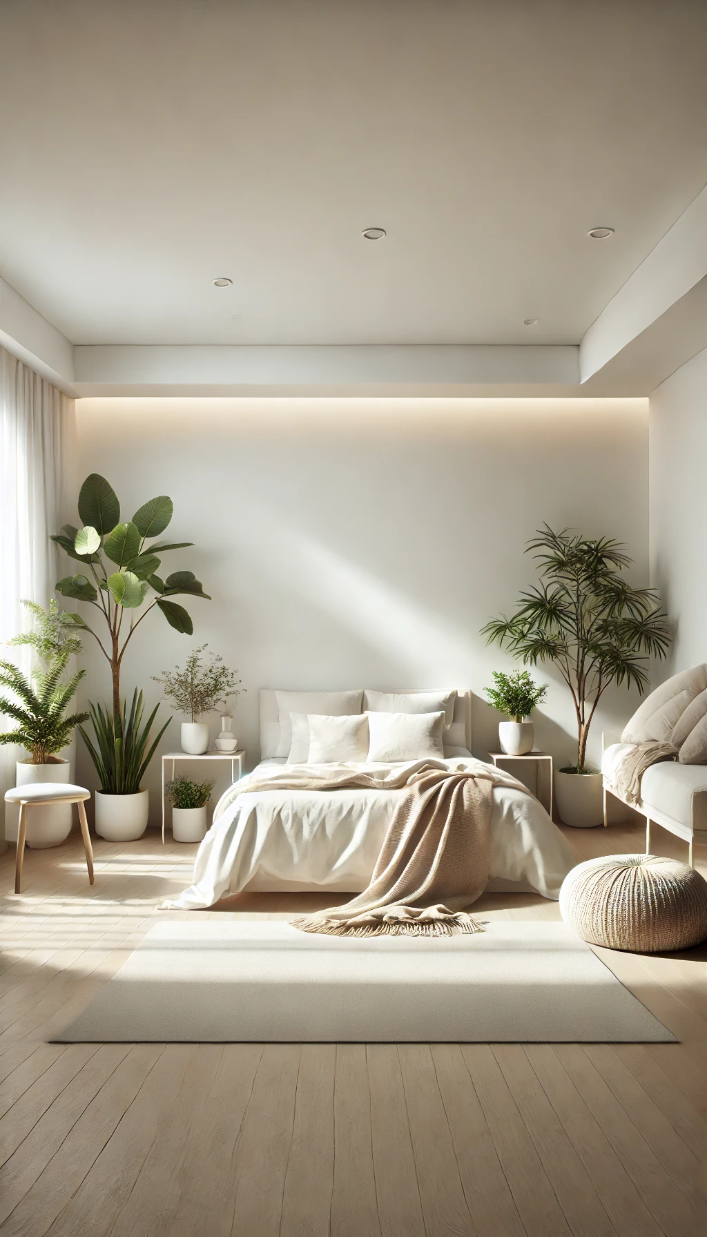 A bright and realistic wide-shot photograph of a cozy bedroom with a few indoor plants.