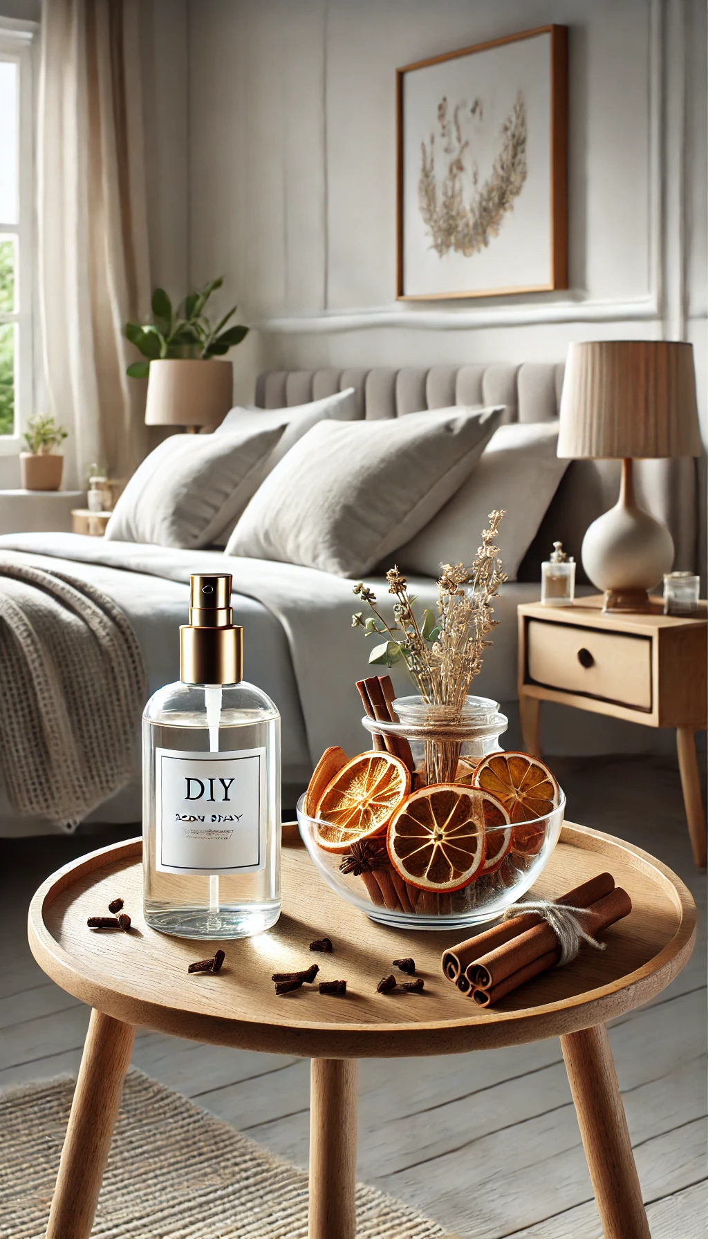 cozy bedroom featuring a DIY scented room spray and potpourri setup