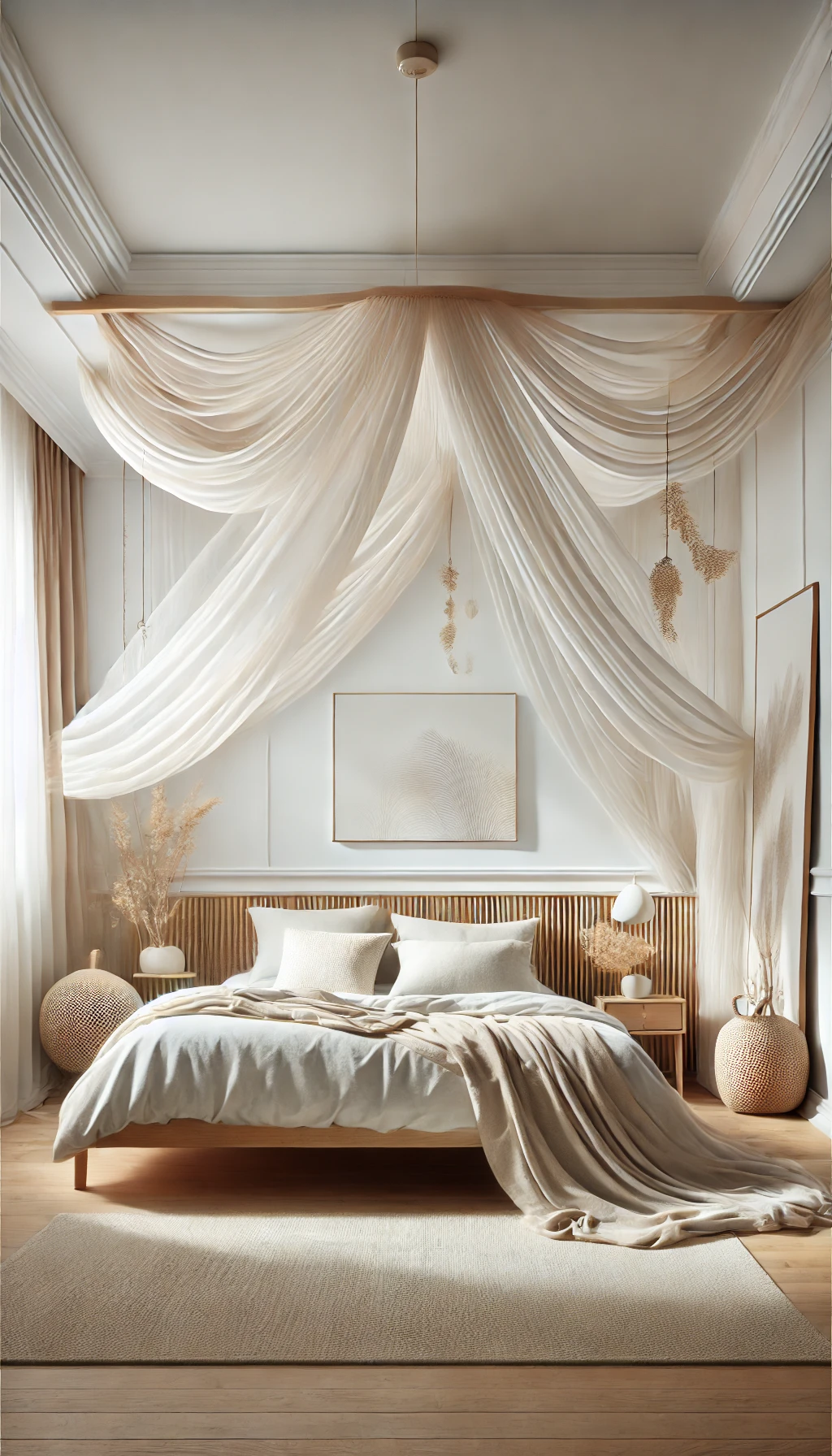 DIY bed canopy setup in a beautifully designed bedroom
