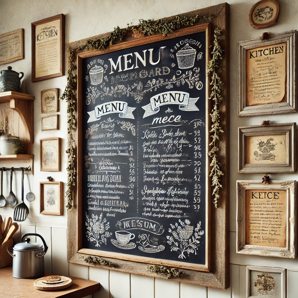 Handmade Kitchen Wall Art A charming kitchen wall featuring a handmade DIY chalkboard menu board