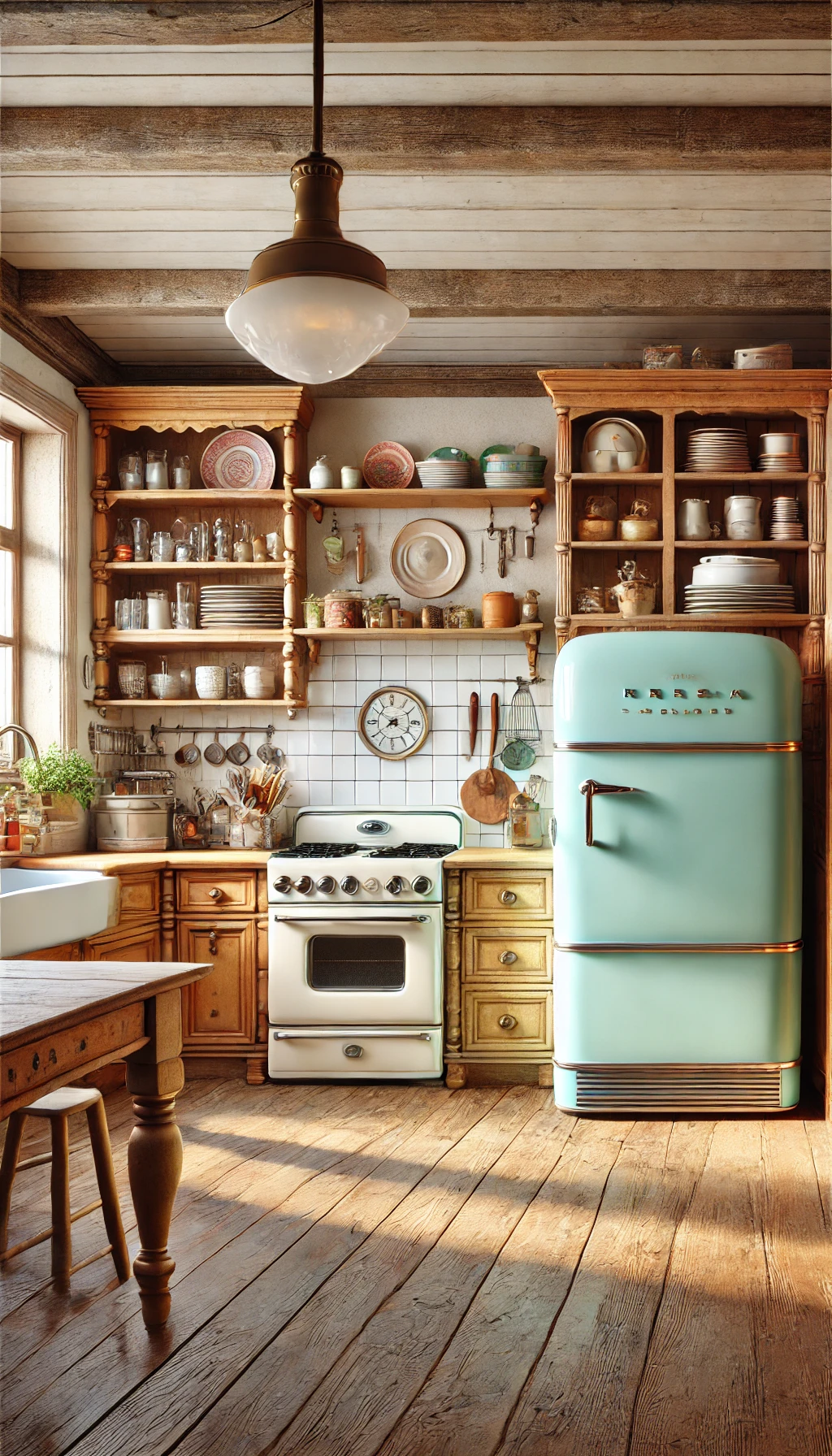 Rustic European kitchen design featuring retro appliances