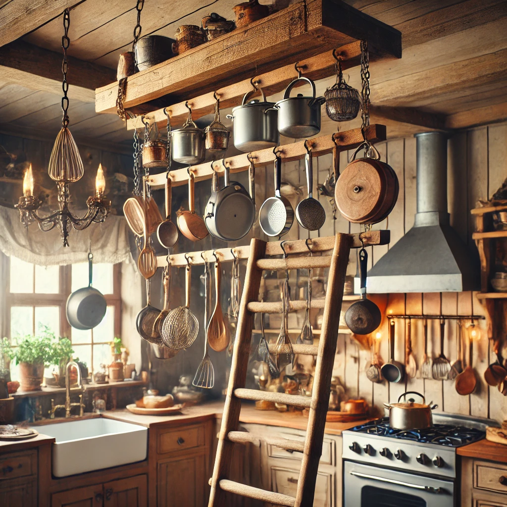 Upcycled Kitchen Decor Projects A rustic kitchen featuring a DIY hanging pot rack made from an upcycled wooden ladder