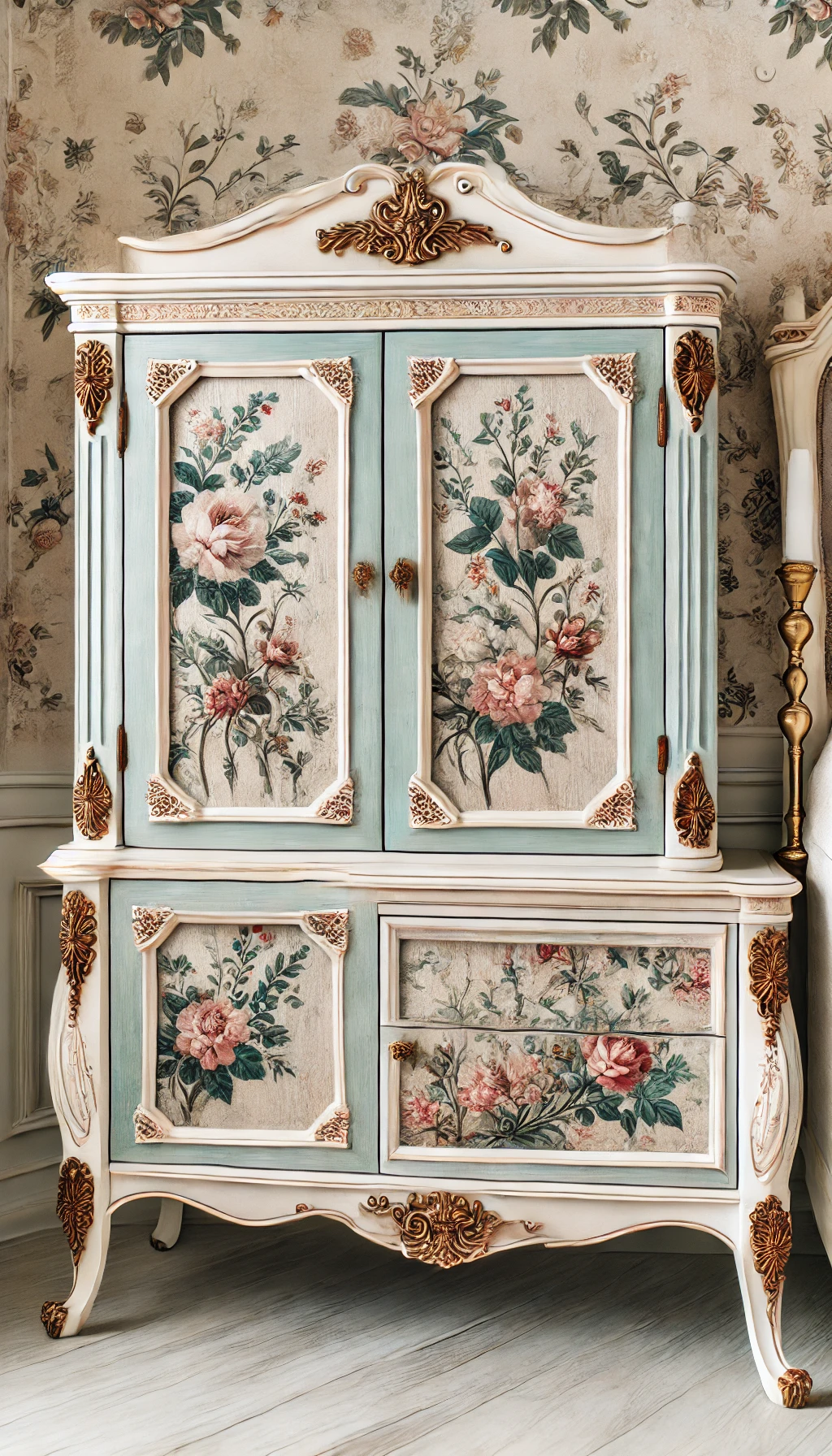 a beautifully styled furniture piece with wallpapered accents, featuring intricate floral patterns on cabinet doors