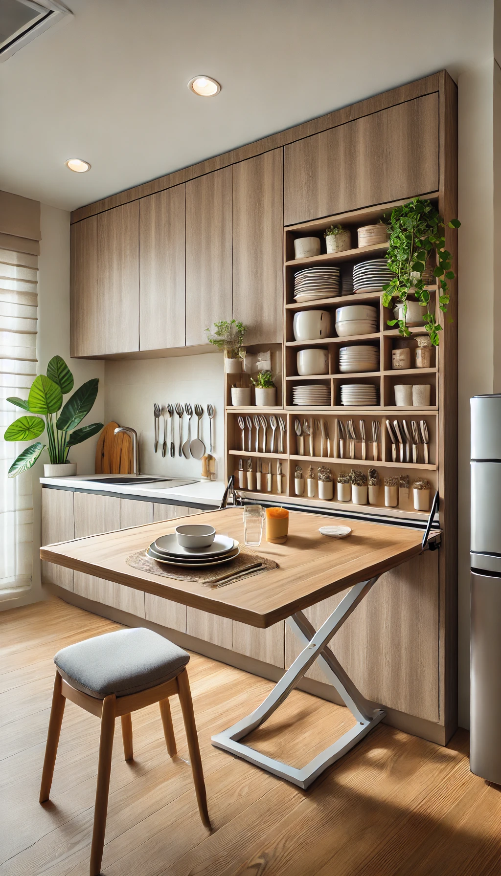 a compact foldable dining table attached to a kitchen wall, neatly set with plates and cutlery, creating a space-saving and functional eating area