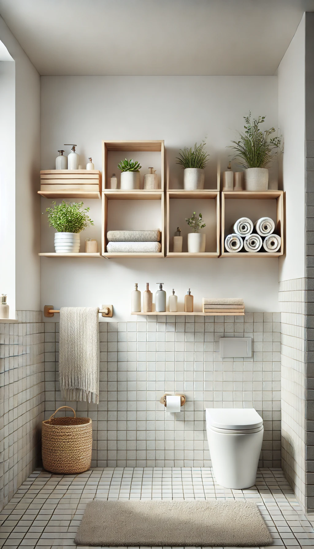 a minimalist small bathroom with modern floating shelves