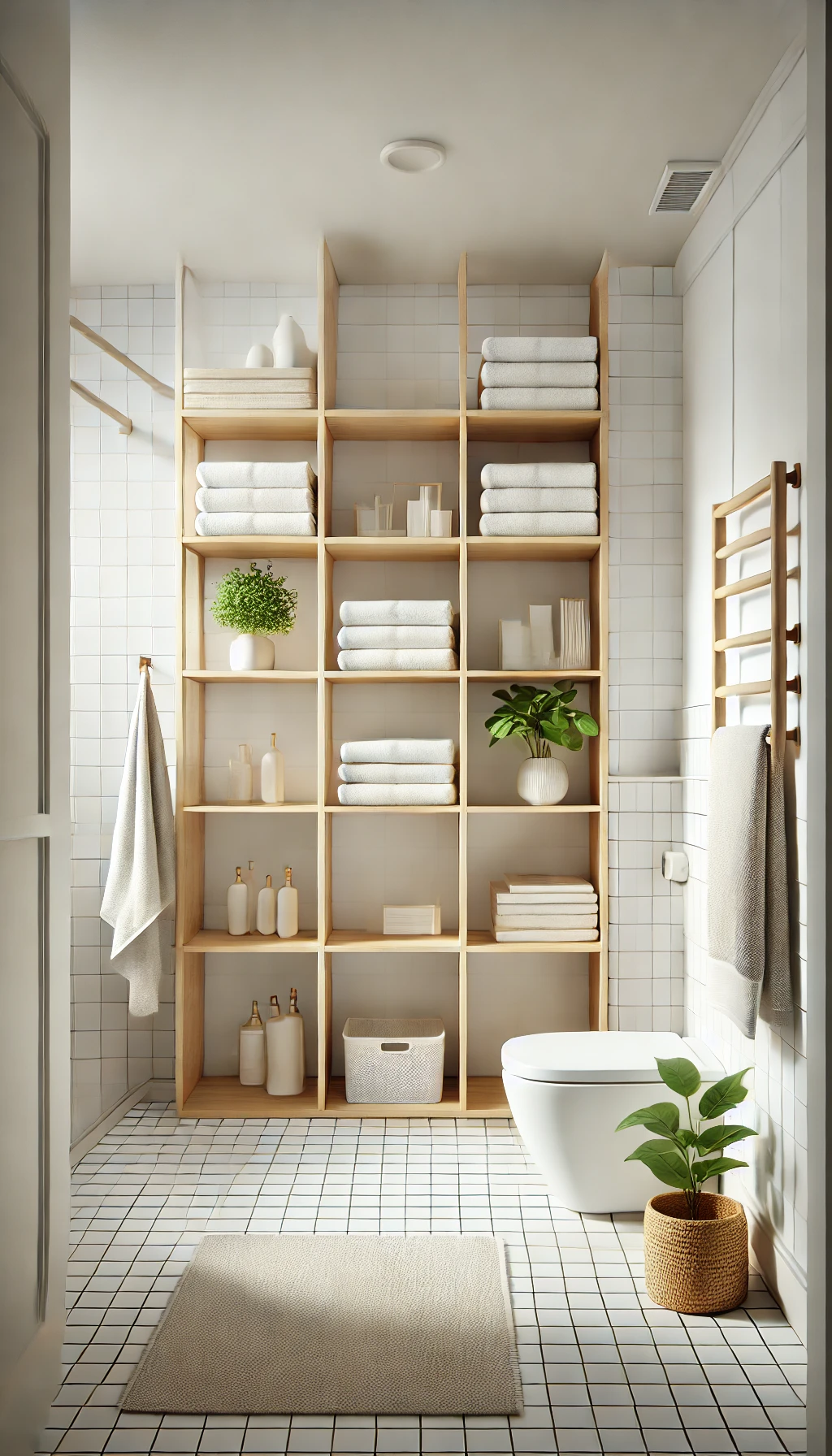 a minimalist small bathroom with open shelving